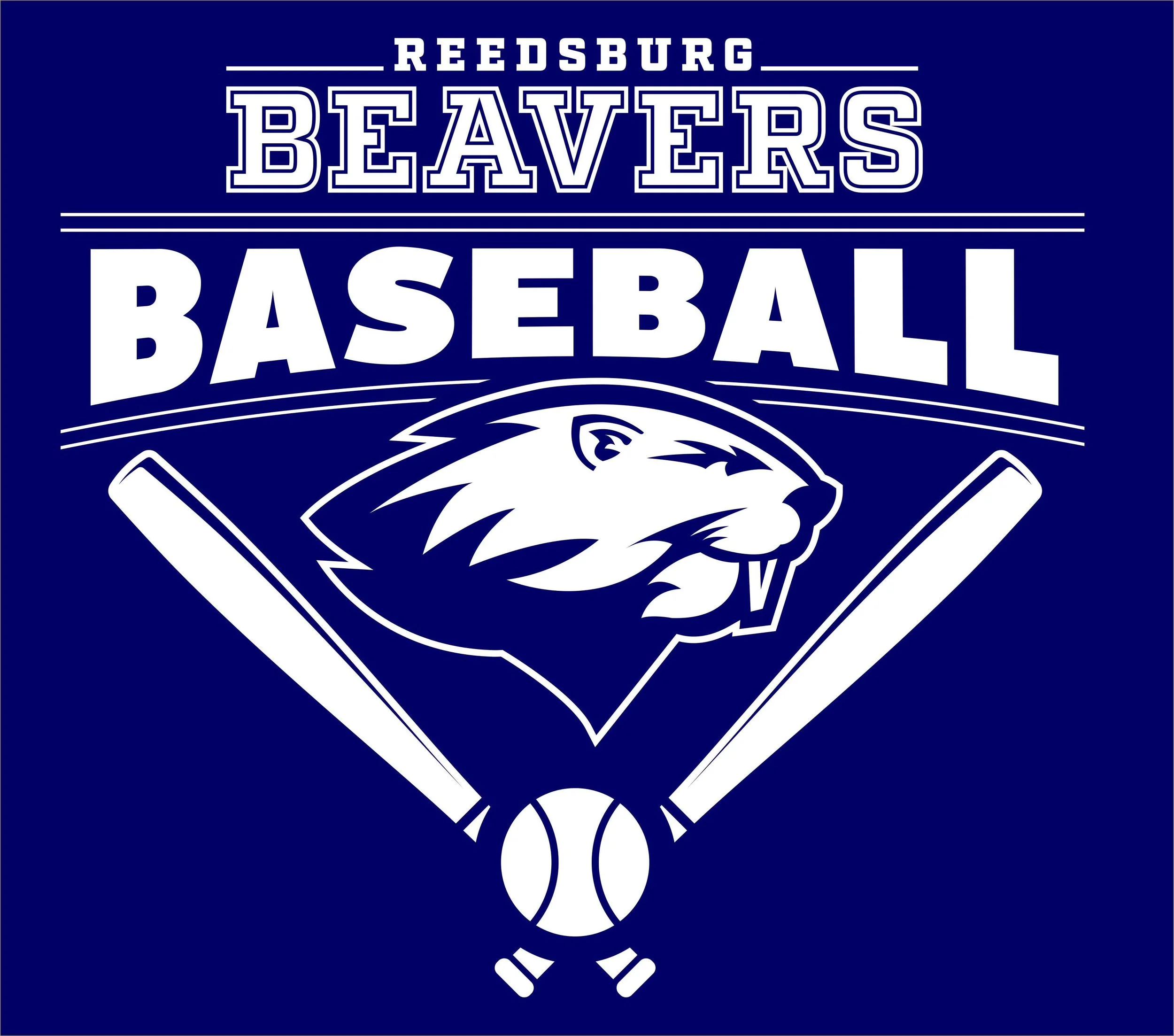 Reedsburg Beavers baseball team logo with a beaver's head, two crossed baseball bats, and a baseball at the bottom, all in navy blue and white.