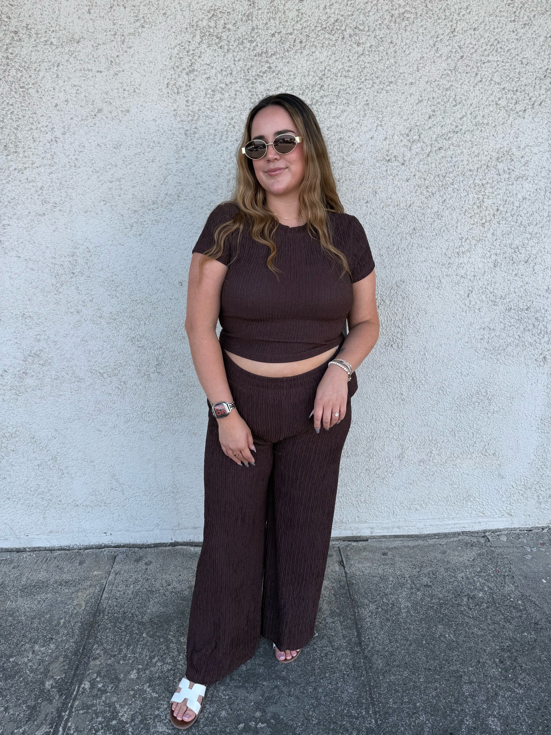 Crinkle Plisse Loungewear Set - Chocolate