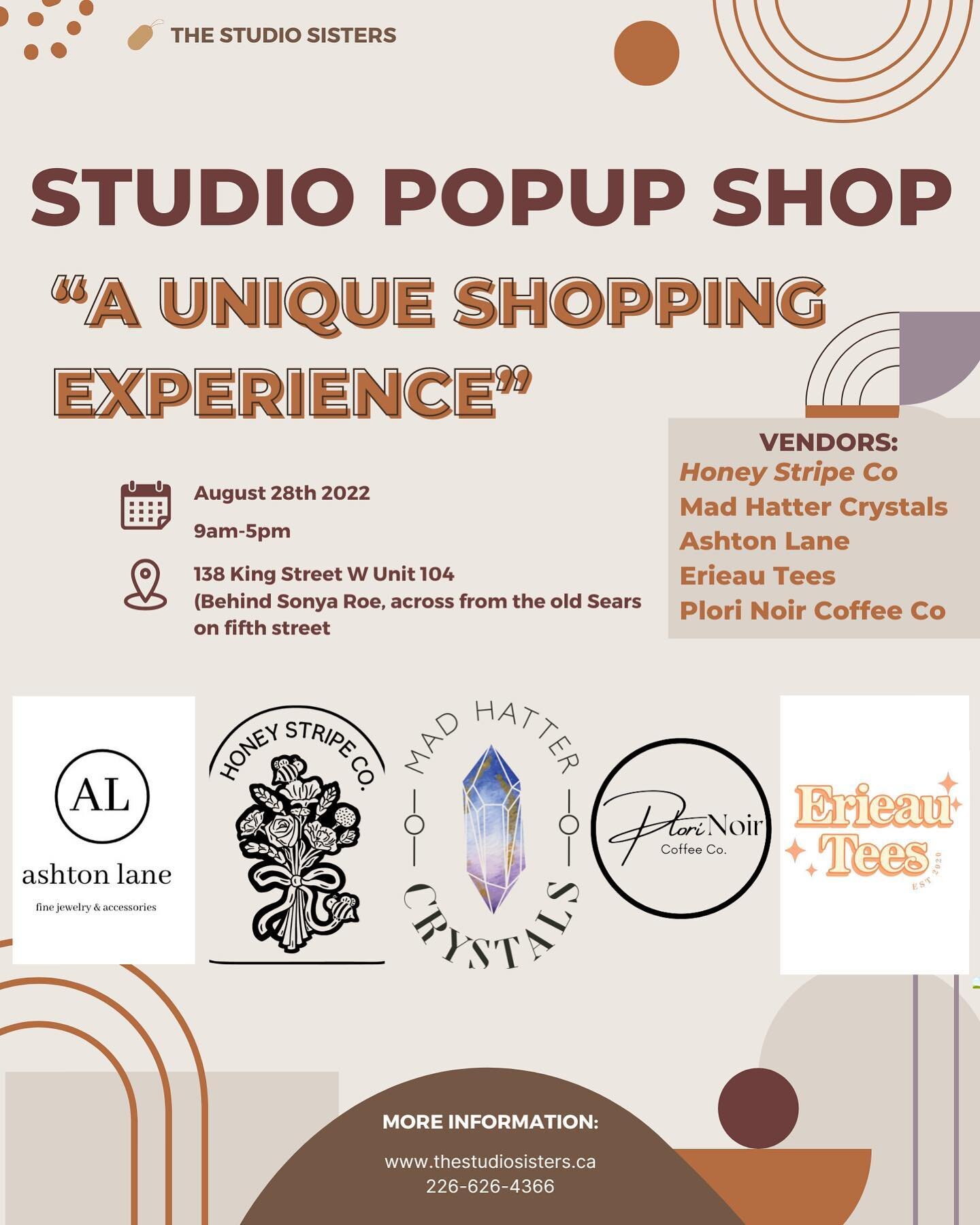 Come shopping at the studio for a unique studio shopping experience! 
We have some incredible brands joining us on August 28th from 9am-5pm 

@erieau_tees
@plori.noir 
@mad_hatter_crystals 
@ashton.laneco 
@honeystripeco 

Are all going to be filling