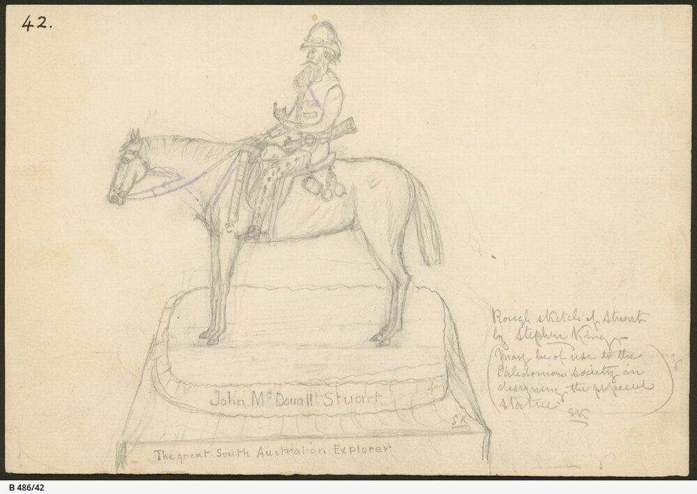 John McDouall Stuart.  'Rough sketch of Stuart on horse by Stephen King. Drawing B-486-42 
