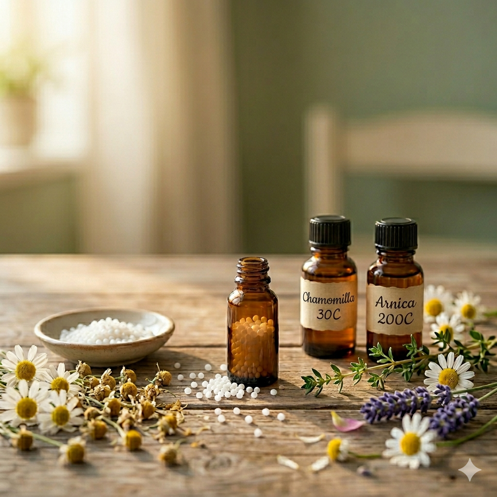 Homeopathic remedy bottles of Arnica and Chamomilla with white pellets and fresh chamomile flowers on a wooden table in warm sunlight — classical homeopathy at Deeply Rooted Healing Haven Moscow Idaho