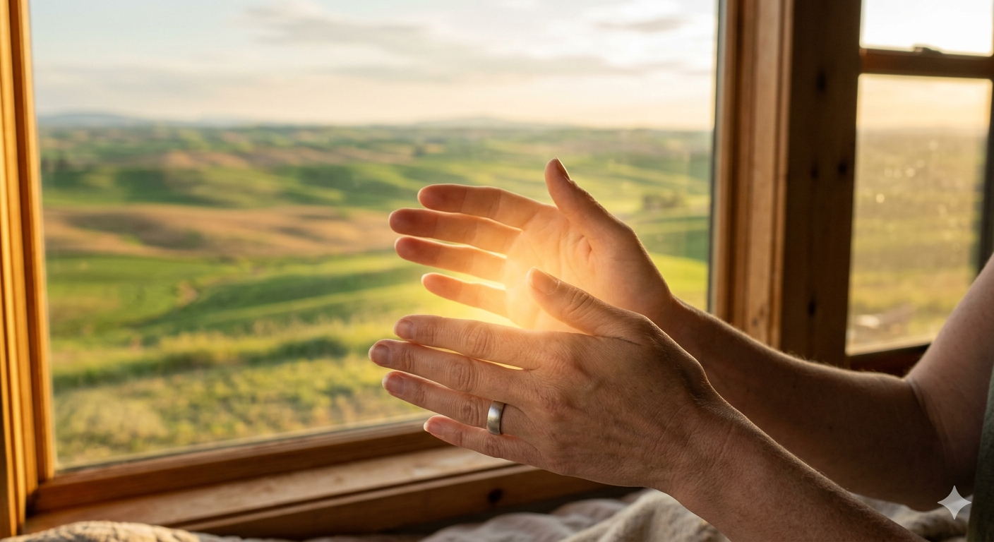 Practitioner’s hands with warm healing energy glowing between palms in front of a window overlooking the Palouse hills — pranic healing at Deeply Rooted Healing Haven Moscow Idaho