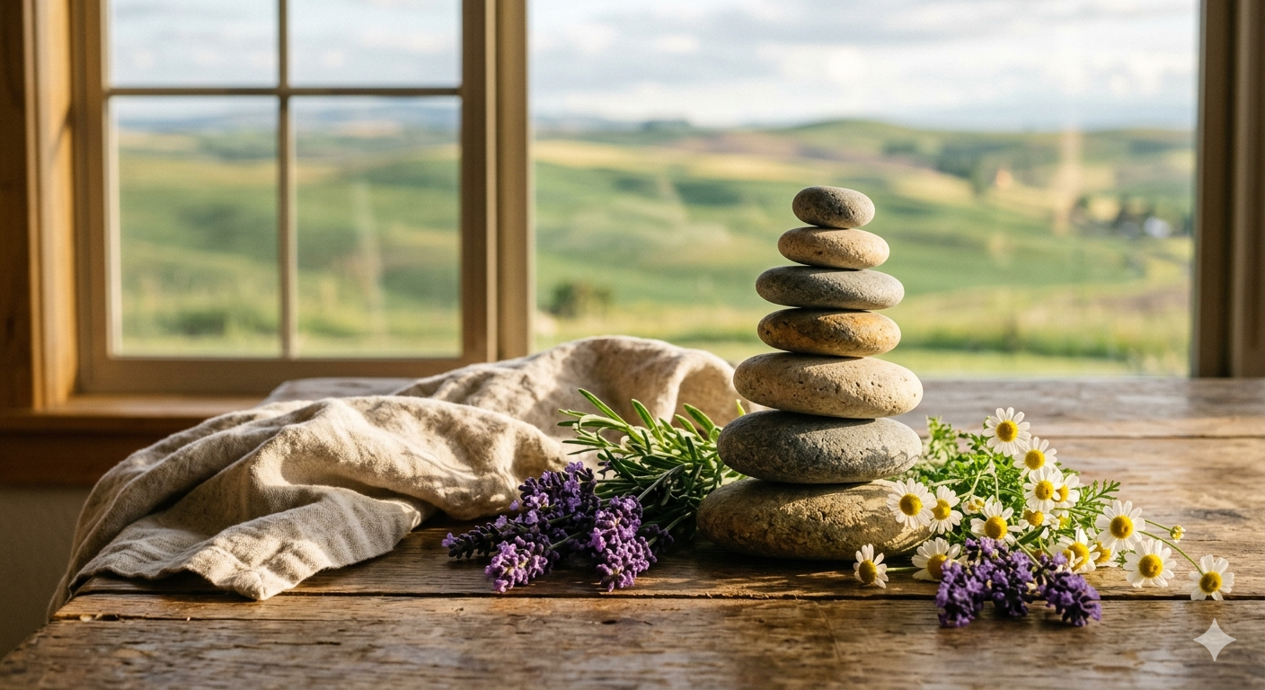 Balanced river stone cairn with lavender and chamomile on a rustic wooden table in warm sunlight with Palouse hills through the window — craniosacral therapy at Deeply Rooted Healing Haven Moscow Idaho