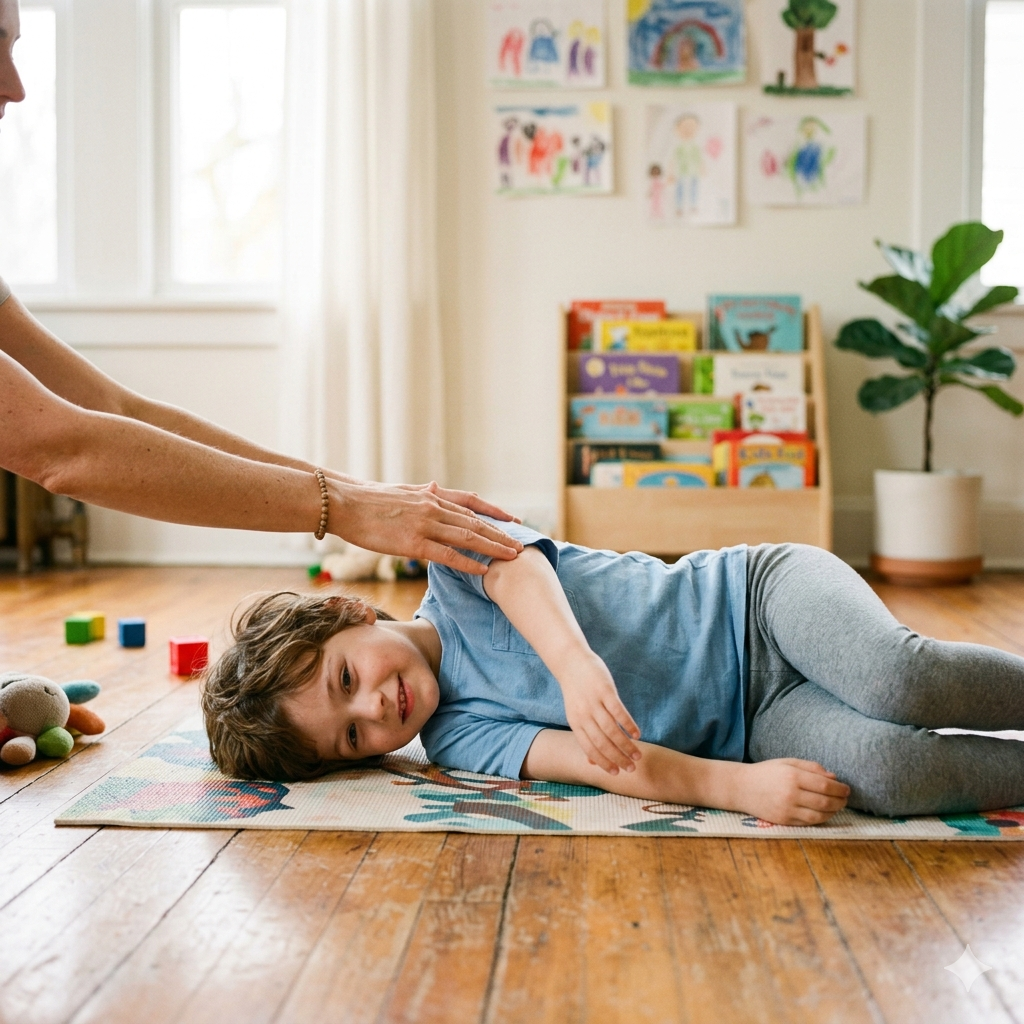 Child receiving gentle naturopathic bodywork on a colorful mat in a bright nurturing room — pediatric naturopathic care and primitive reflex reintegration at Deeply Rooted Healing Haven Moscow Idaho