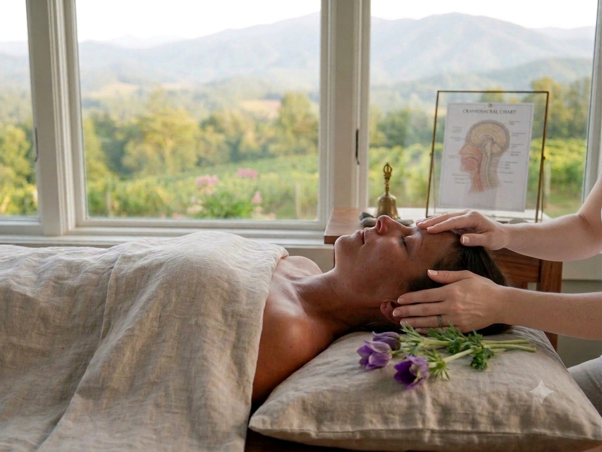 Practitioner performing gentle craniosacral therapy with hands on a relaxed patient’s head beside a craniosacral chart in a naturally lit treatment room — craniosacral therapy at Deeply Rooted Healing Haven Moscow Idaho