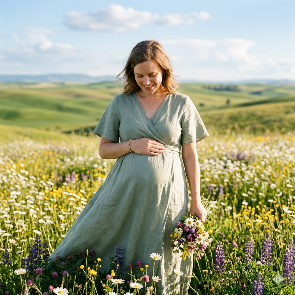 Pregnant woman standing in Palouse rolling hills and wildflowers near Moscow Idaho — naturopathic prenatal care at Deeply Rooted Healing Haven