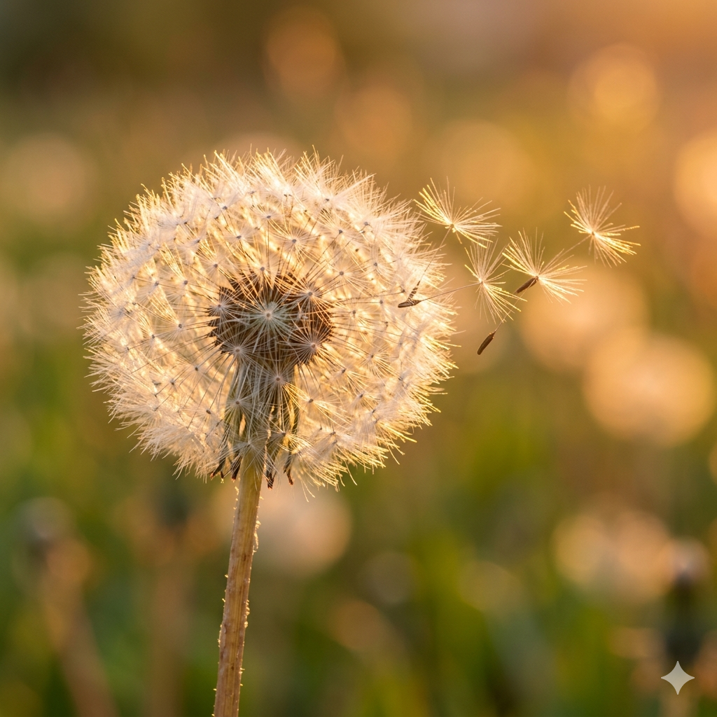 Dandelion seeds floating into golden sunset light in a Palouse meadow — naturopathic prenatal care at Deeply Rooted Healing Haven Moscow Idaho