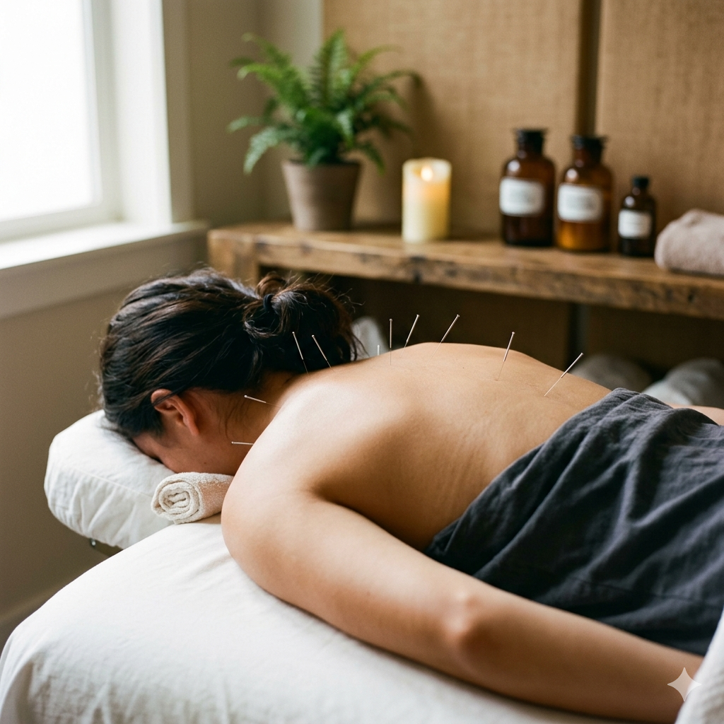 Woman receiving acupuncture with needles along her upper back and shoulders on a treatment table in a calm naturally lit clinic — acupuncture at Deeply Rooted Healing Haven Moscow Idaho