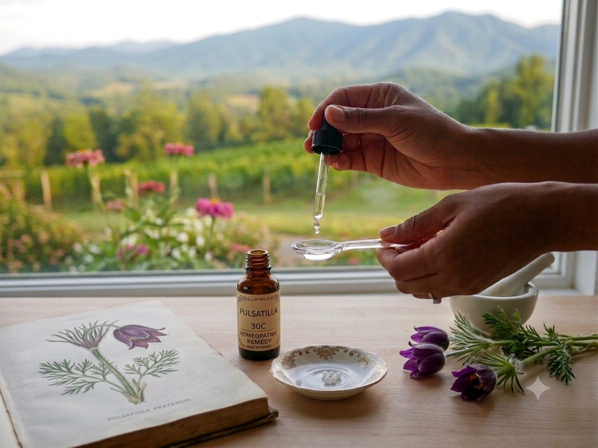 Hands preparing a Pulsatilla homeopathic remedy with dropper and pellets beside a botanical book and mortar and pestle — homeopathic medicine at Deeply Rooted Healing Haven Moscow Idaho