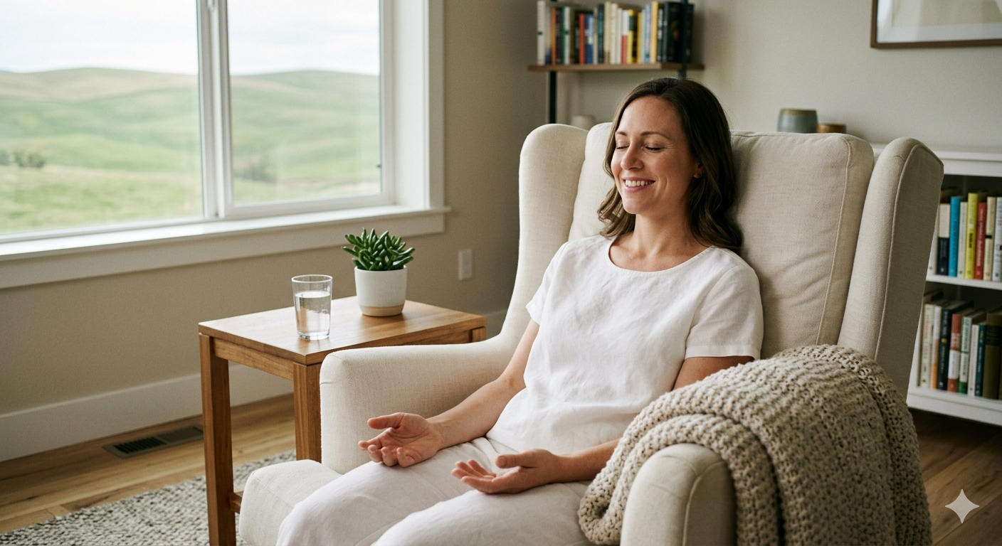 Woman sitting peacefully in a bright naturally lit room after a pranic healing session with Palouse hills visible through the window — energy healing at Deeply Rooted Healing Haven Moscow Idaho