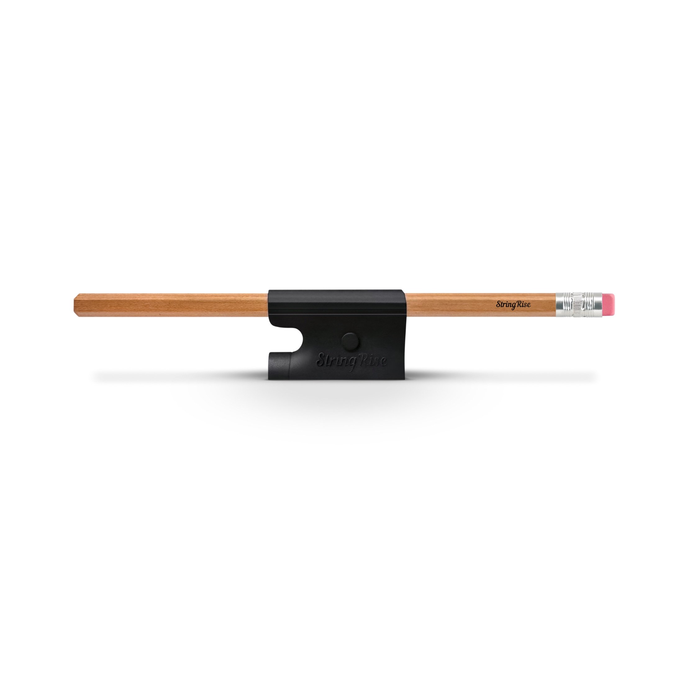 The StringRise Frog Slide fits on a pencil, a portable practice bow for violin, viola, cello, and bass.