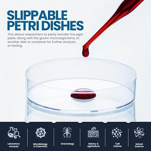 A petri dish with a single blood drop falling onto it, illustrating the concept of slidable petri dishes for transferring samples in laboratory analysis, with icons representing various scientific fields at the bottom.