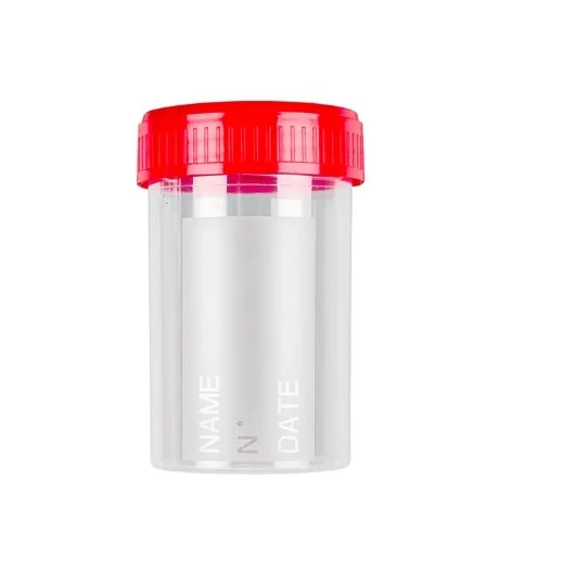 Clear plastic container with red lid and label