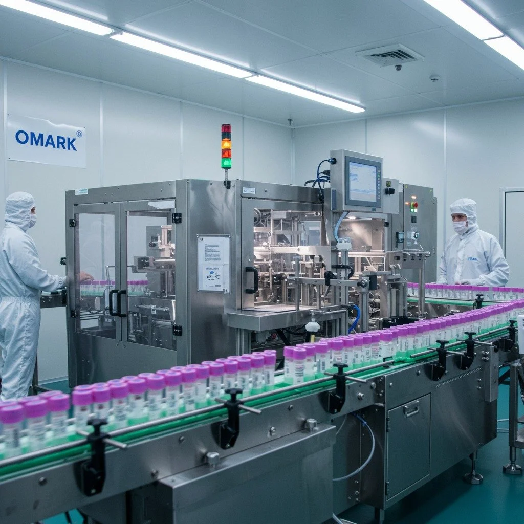 A pharmaceutical manufacturing facility with two workers in protective suits and masks operating automated machinery on a conveyor belt with small test tubes or vials with purple caps.
