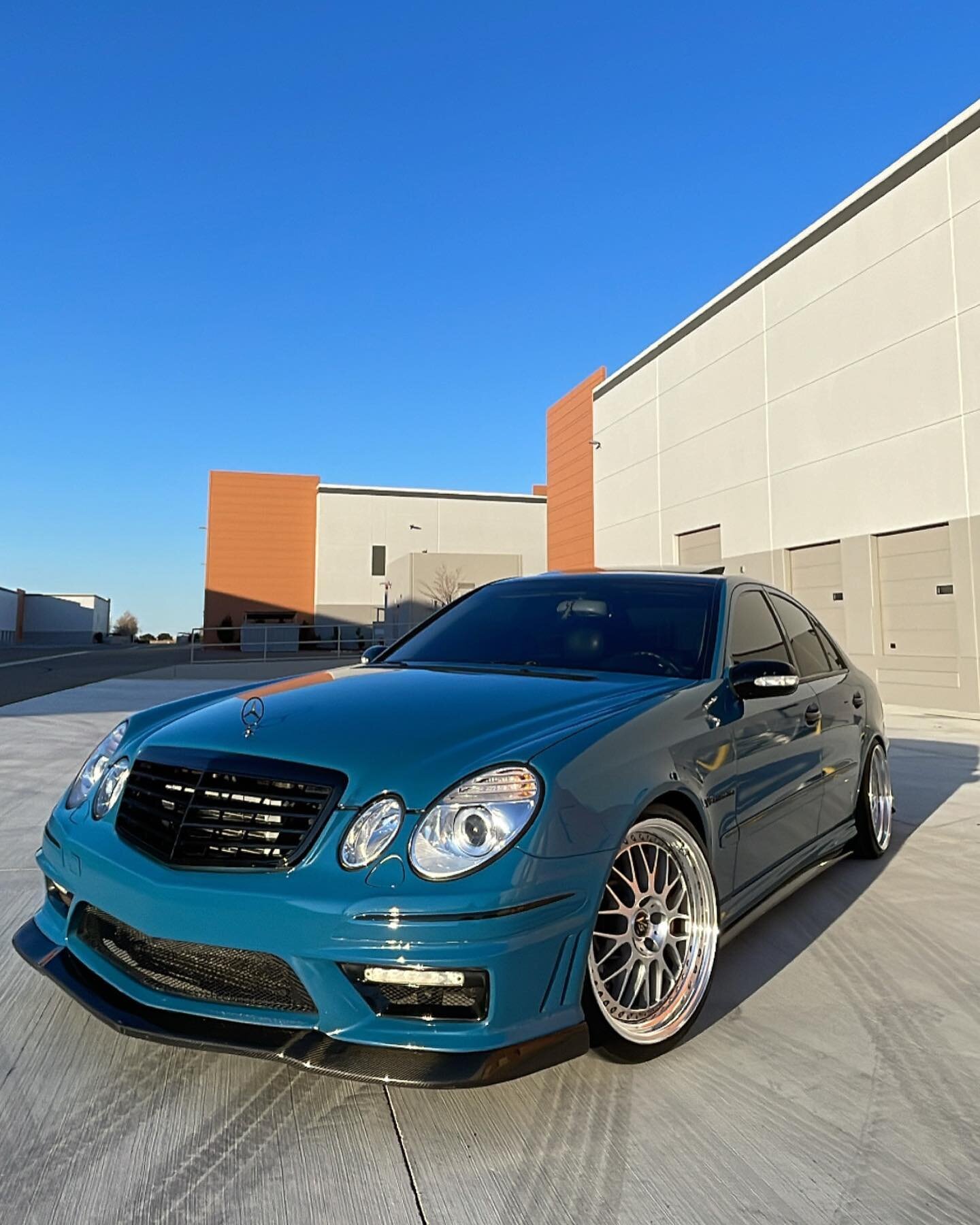 MB E55 AMG in for service! This particular example has a great gloss blue wrap over the original paint. We performed a wrap correction, polish, &amp; a fresh layer of @carpro_official &ldquo;Skin&rdquo; Ceramic Coating which is a specialized coat mad