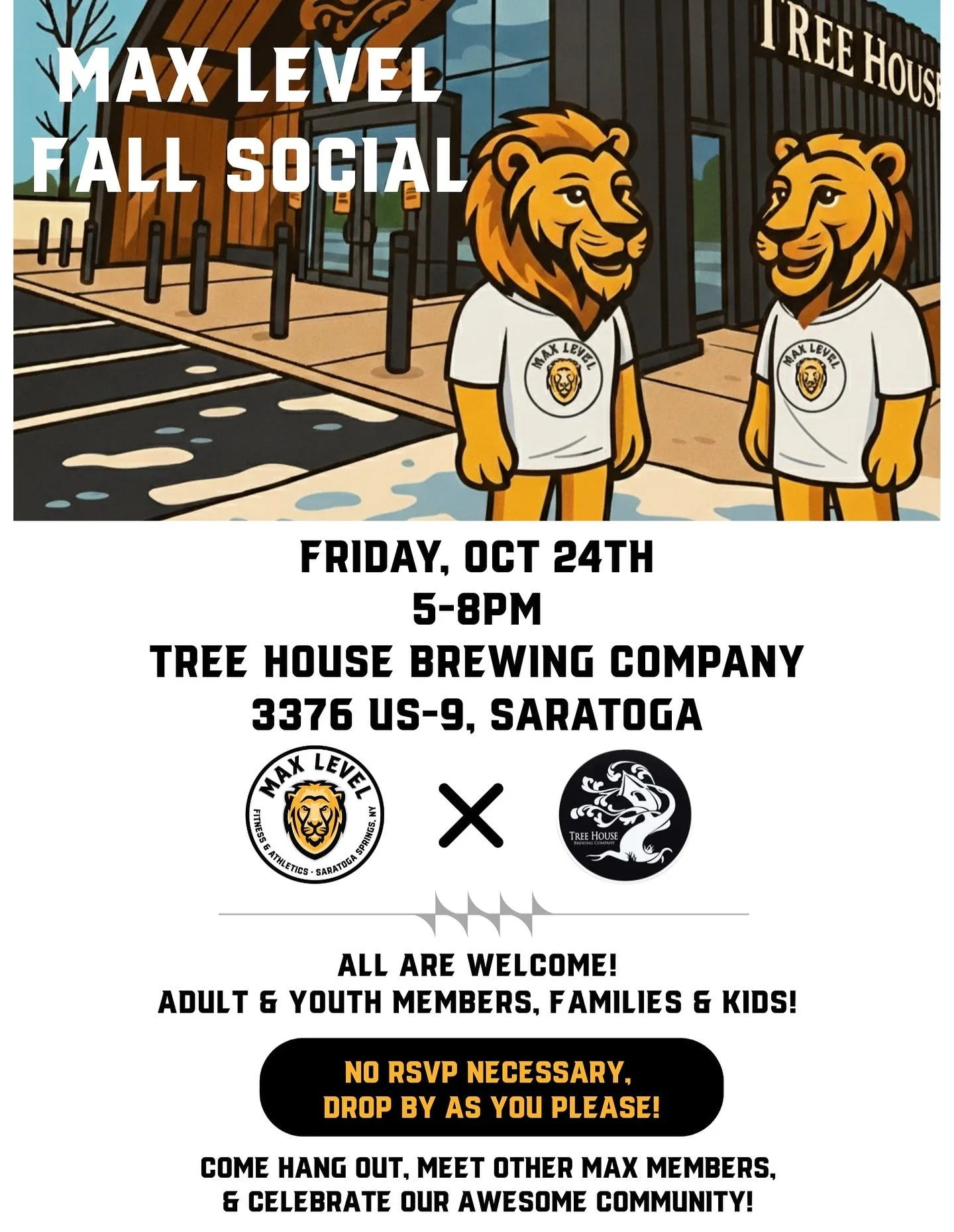 🍂🐾 It&rsquo;s time to get social, Max Level! 🐾🍂

Let&rsquo;s meet up at Tree House Brewing Company 🍻
📍 3376 US-9, Saratoga
📅 Friday, Oct 24
🕔 5&ndash;8PM

Adult &amp; youth members, families &amp; kids are ALL welcome! No RSVP &mdash; just sw