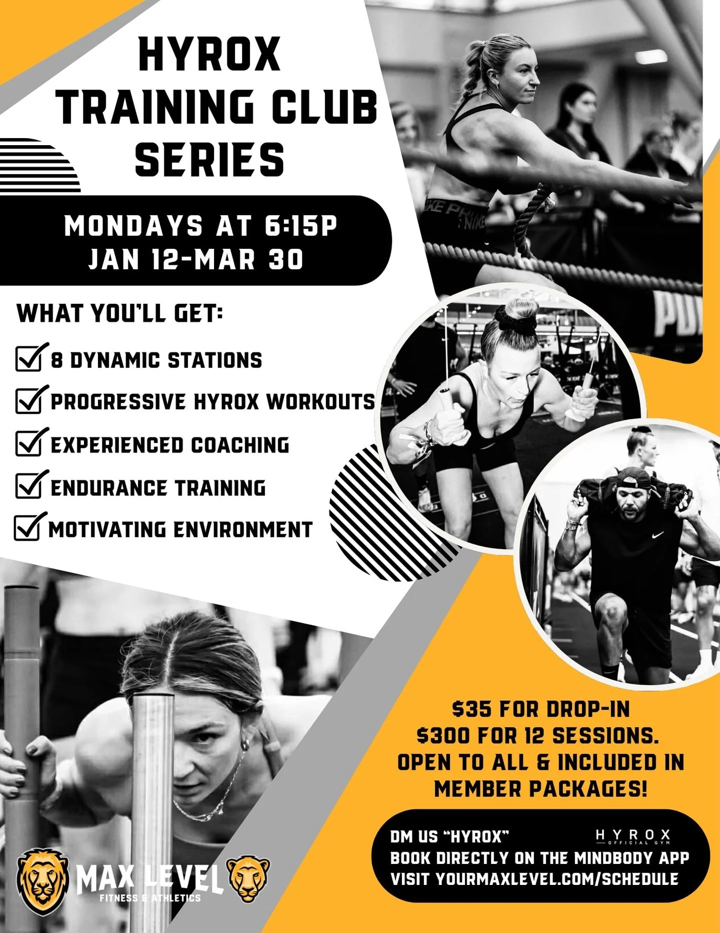 HYROX Training Club Workouts are BACK for the 2026 race season. 🔥

Mondays at 6:15PM | Jan 12 &ndash; Mar 30
Train with Max Level coaches and official HYROX athletes in a high-energy, race-style training series designed to make you faster, stronger,