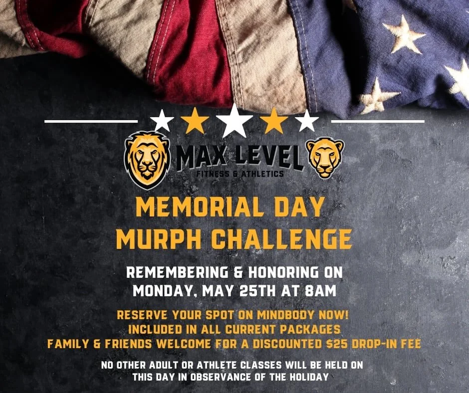 🇺🇸Memorial Day Murph &mdash; Monday, May 25th at 8AM 

Join us for our annual Murph Challenge as we take time to remember and honor those who made the ultimate sacrifice.

Full Murph, modified Murph, or just show up and work &mdash; all levels welc