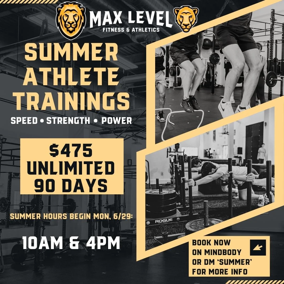 💪☀️SUMMER HOURS ARE AROUND THE CORNER. ☀️💪

Max Level Summer Athlete Training Hours begin Monday, 6/29 - 10AM &amp; 4PM!

Designed for athletes who want more than just &ldquo;staying active&rdquo; this summer:

✔️ Speed✔️ Strength✔️ Power✔️ Conditi