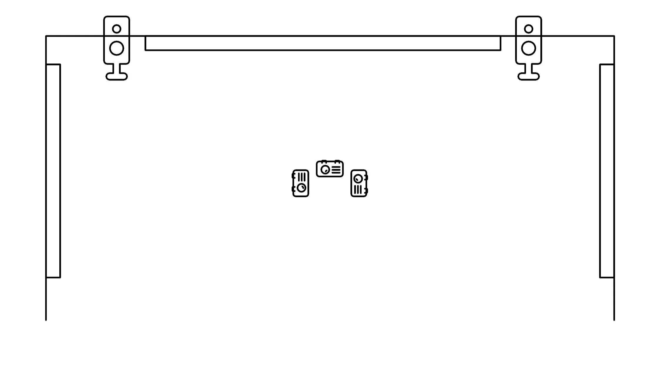 Line drawing of a rectangular room with two ceiling-mounted speakers at the top corners and three small icons in the center, representing a remote control, a camera, and a telecommunications device.