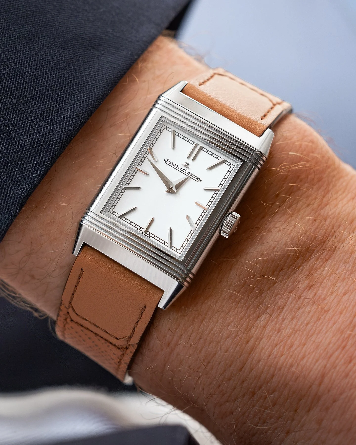 One of the best modern watches out there right now? 
Jaeger LeCoultre nailed the proportions of the new medium size Reverso. 
This one, the Tribute, comes in at 24.4mm wide by 40.1mm tall, measurements that reduce the need for a wrist that flattens