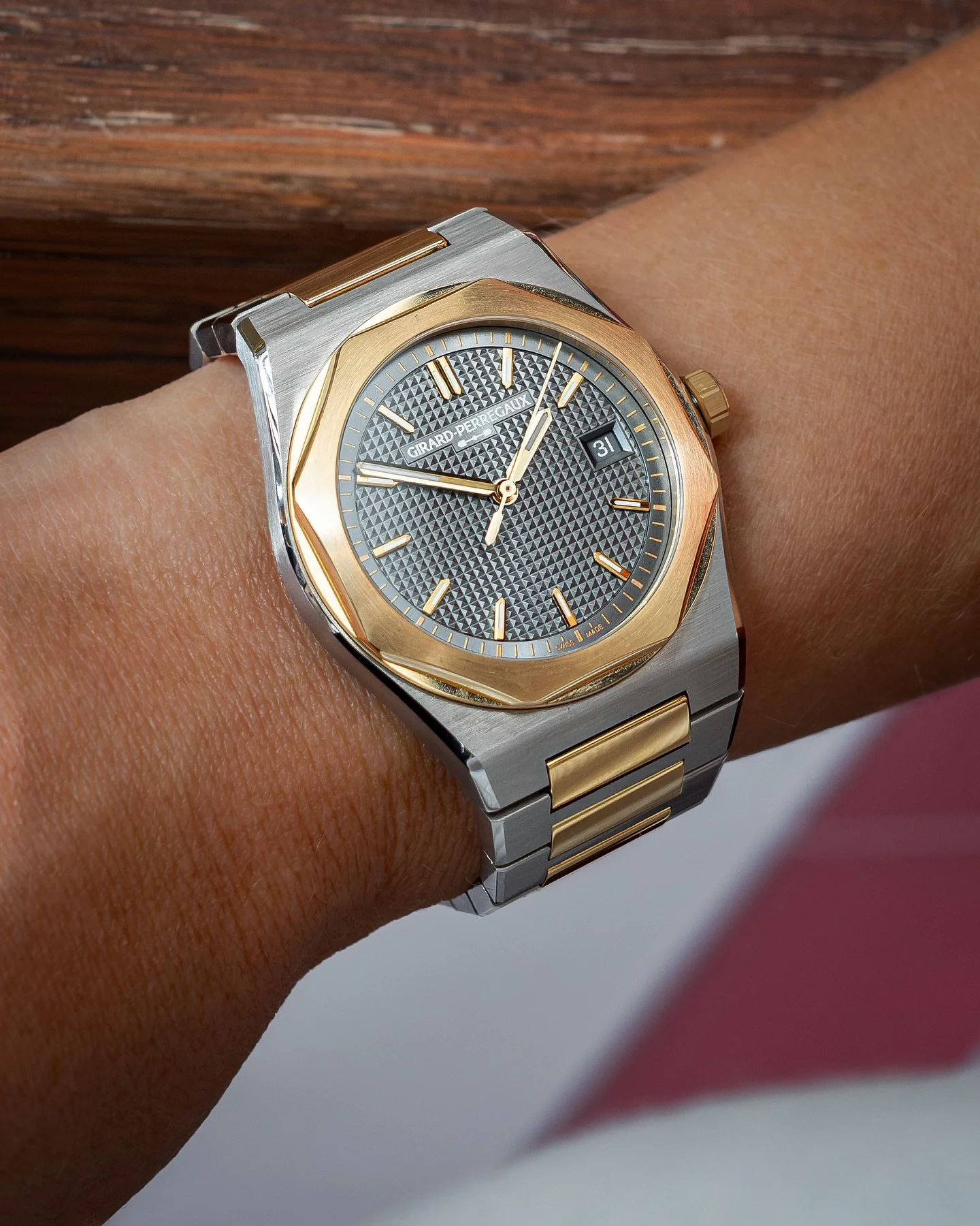 50 years of the Laureato celebrated with a stunning two tone 39mm riff. 
Limited to 200, powered by a brand new and entirely in house calibre (the GP4800), and with a case and bracelet rework. 
This one’s a real hit and connects directly to i