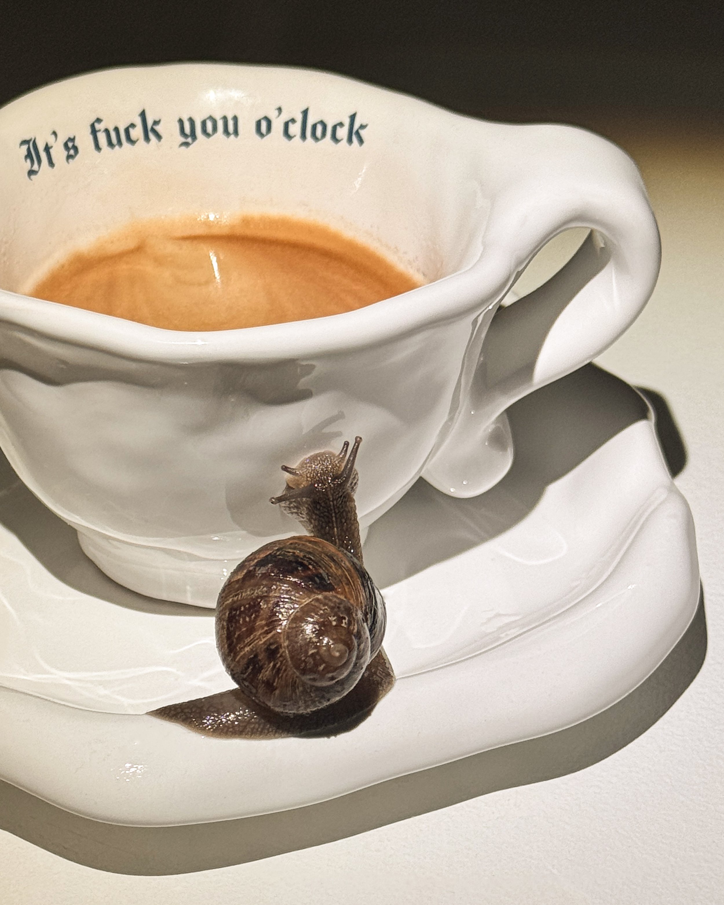 A white porcelain teacup with a snail climbing on the side, placed on a matching saucer, with coffee inside. The cup has a phrase written inside that says, "It's fuck you o'clock."