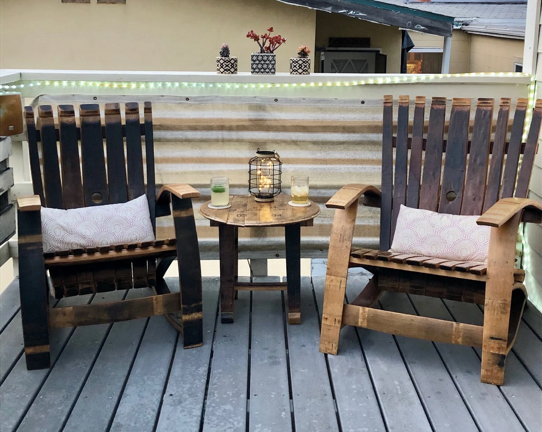 Maye's Woodshop - Wine barrel Adirondack chair, outdoor furniture