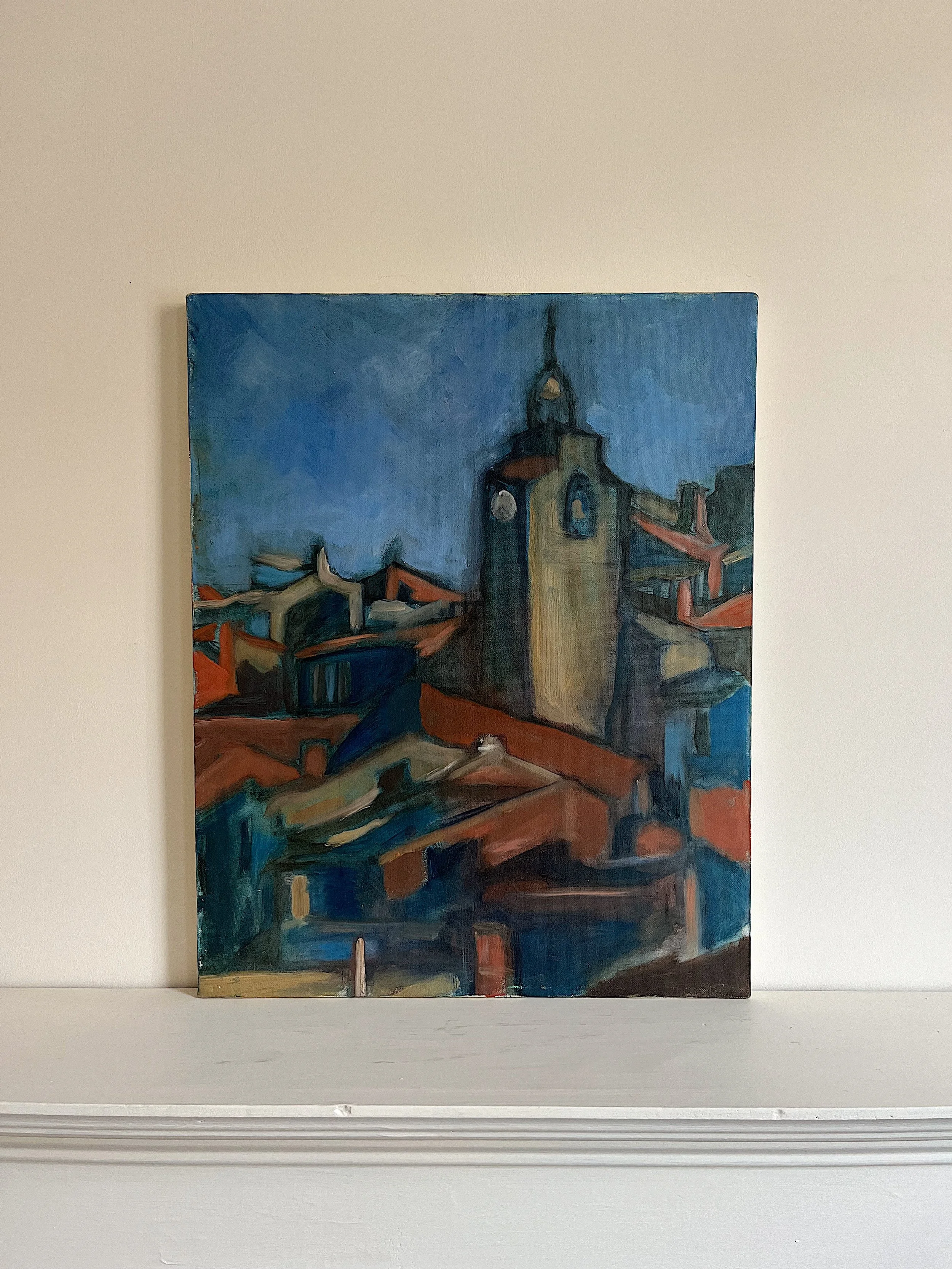 Oil painting of a cityscape with a prominent clock tower and blue sky.