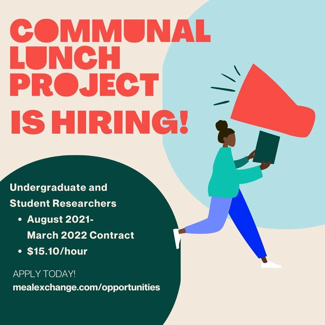 The Communal Lunch Project is hiring students for the 2021/2022 academic year! 📢 

Join a passionate team made up of student researchers, lead researcher Jennifer Mitsche, chef &amp; activist Joshna Maharaj, and Meal Exchange! Students will be a leader on their campus, contributing to engaging virtual event facilitation, communications, and relationship building to create opportunities for students to learn about and connect through good food. 

🔗 Positions are open for students from Dalhousie, the University of Regina, George Brown College, and Lakehead University- apply at mealexchange.com/opportunities or through the link in our bio! 

#foodsecurity #nowhiring #opportunity #canadajobs #ontariojobs