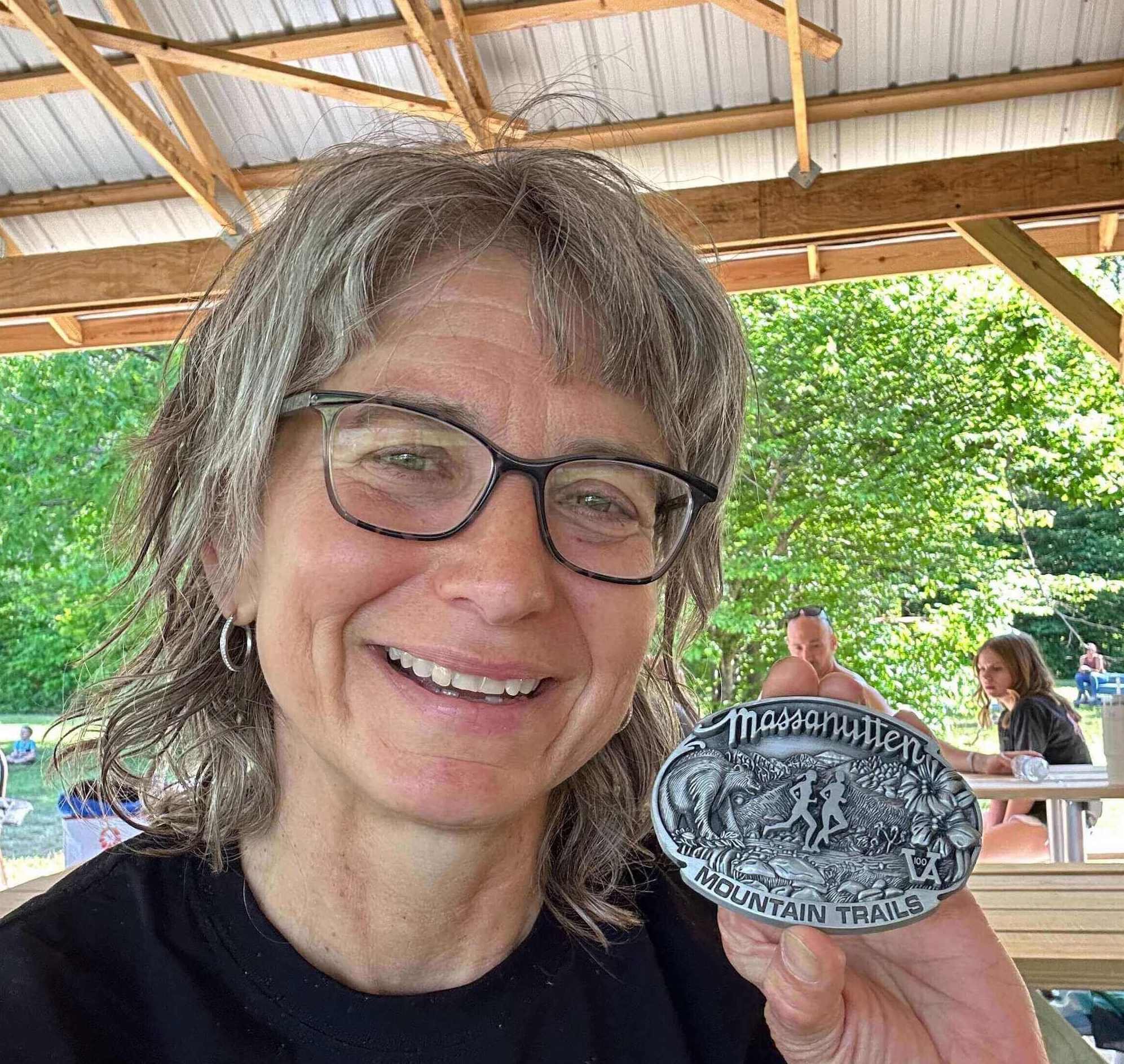 Susan Donnelly with buckle at Massanutten 100