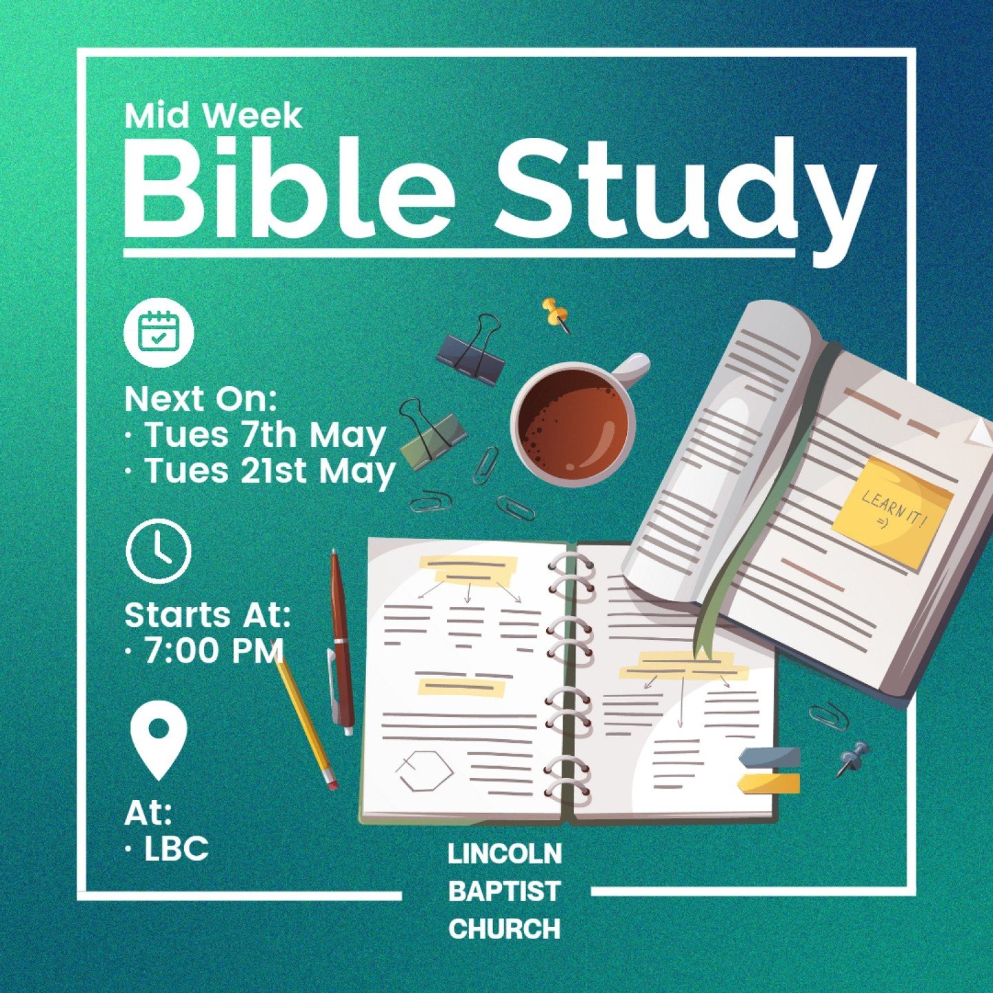 Please join us in May for our mid week Bible studies as we continue to look at Prayer. 
These studies will be held on Tuesday 7th and 21st May at LBC and will begin at 7pm. 
The Studies will be led by our Pastor, Daniel.

Our first Mid week Bible stu