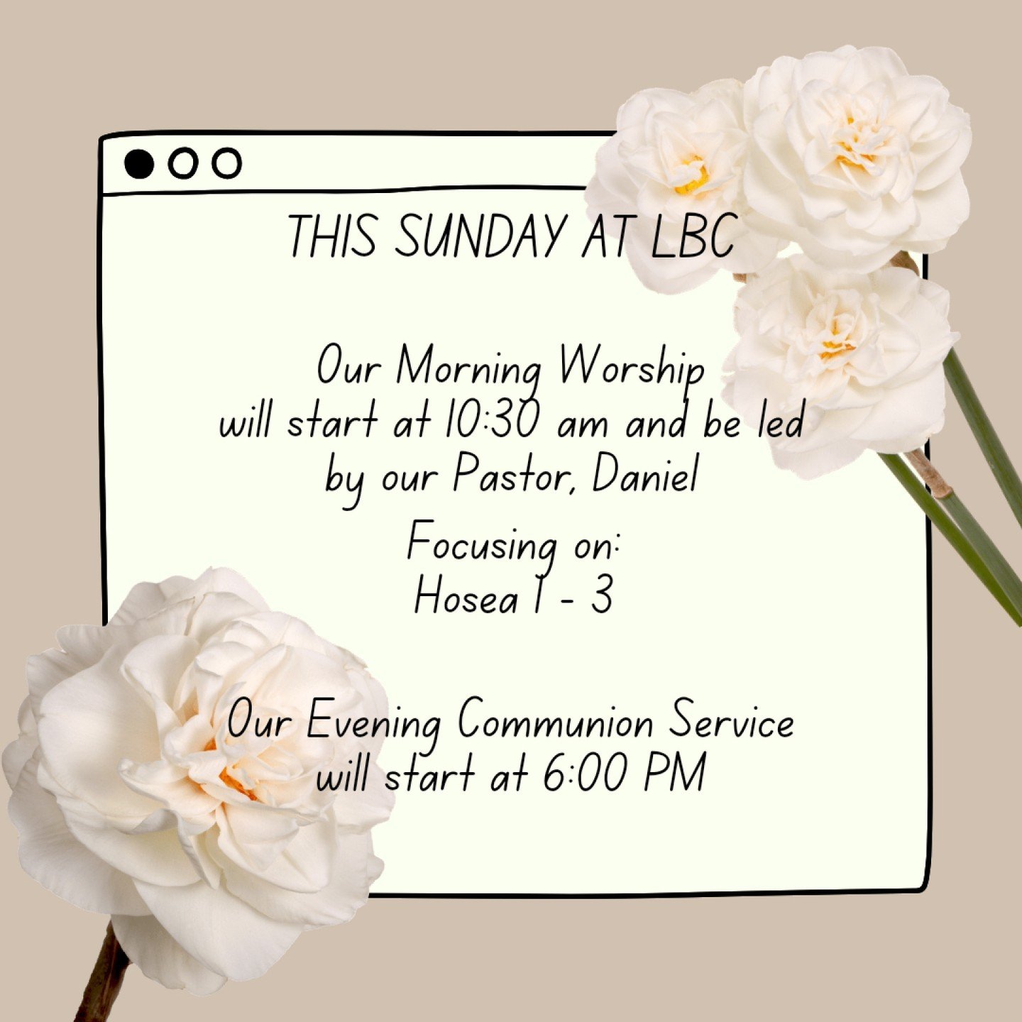 Please join us this Sunday at Lincoln Baptist Church  from 10:00 am for refreshments and fellowship before the service starts at 10:30am where  our Pastor, Daniel will be focusing on Hosea 1-3

And then join us in the evening from 6:00 pm for our eve
