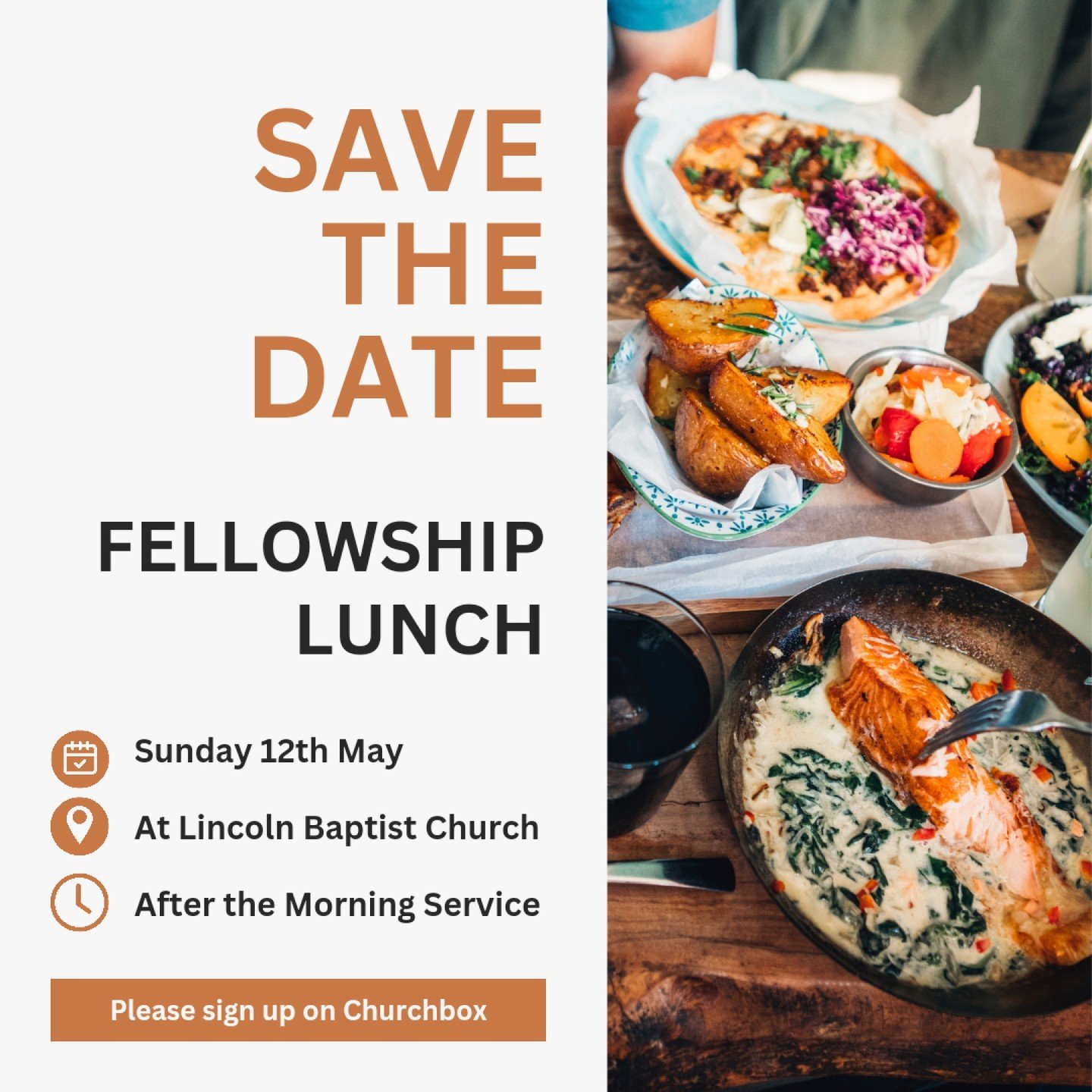 Please join us for this month's Fellowship Lunch which will be held after the Morning Service on Sunday 12th May. Please sign up via the sign up sheet at church, on churchbox, or drop us a message and we will pass your details along.

#LBC #LincolnBa