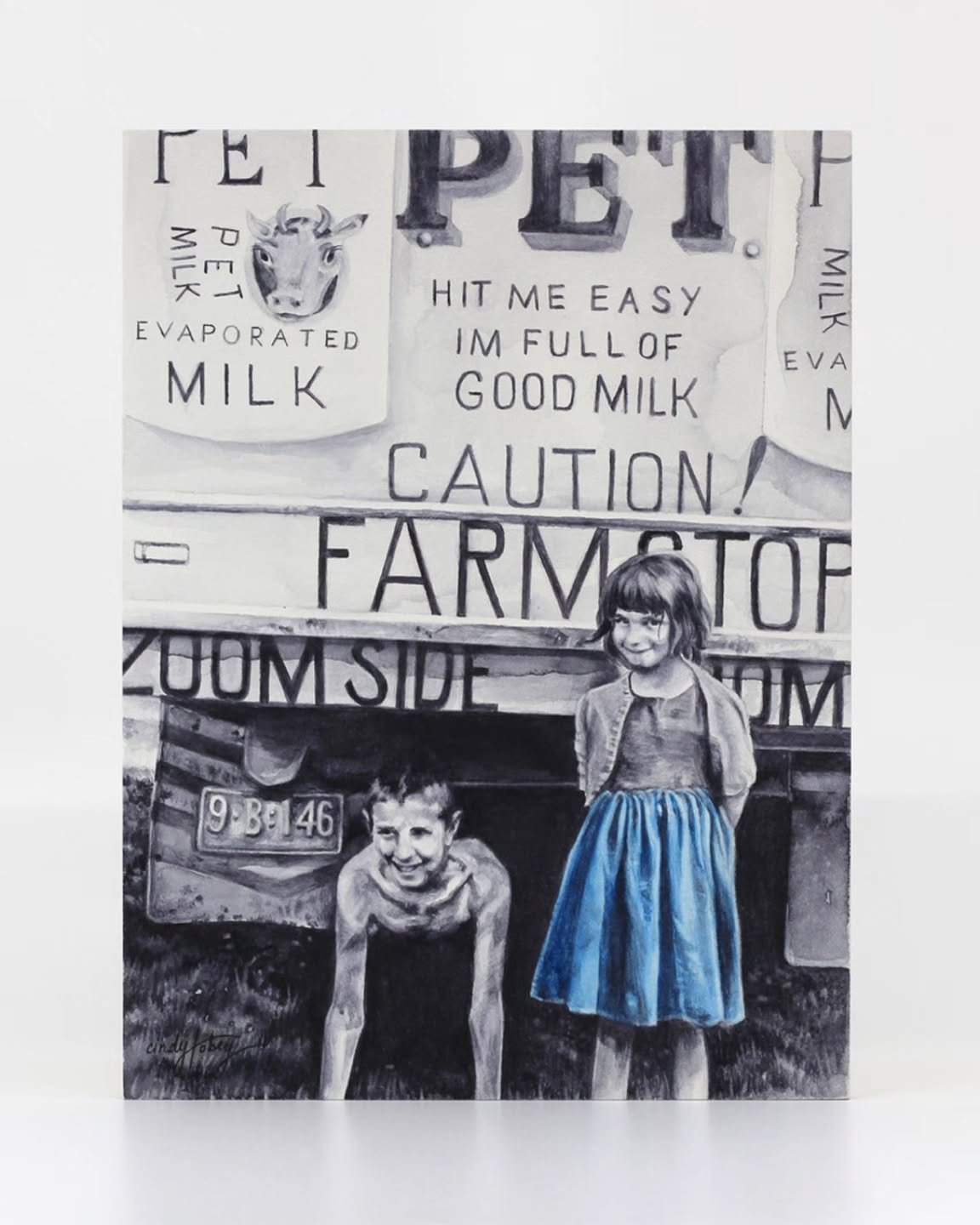 A painting of my mom and her oldest brother standing behind their father's milk truck. A gift for my mom for Mother's Day.

&quot;Zoom Side&quot;
6x8 inches
Watercolor on Aquabord: @ampersand_art
Watercolors: @danielsmithartistsmaterials

#cindytobey