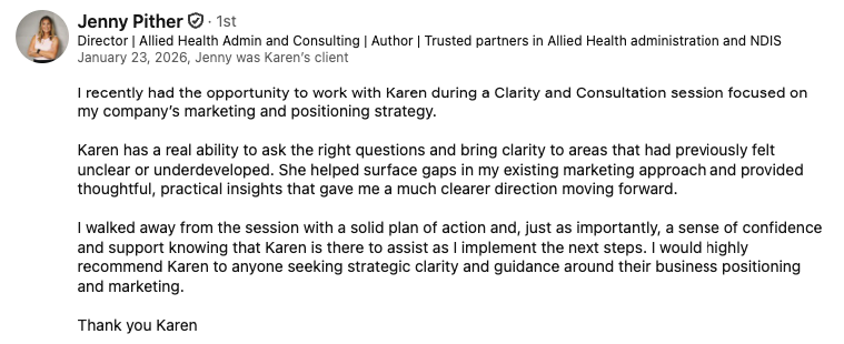 Positive testimonial by Jenny Pither from AHAC Australia on small business marketing strategy service provided by Karen Moloney of Blue Bean Media with URL link to Jenny's LinkedIn profile