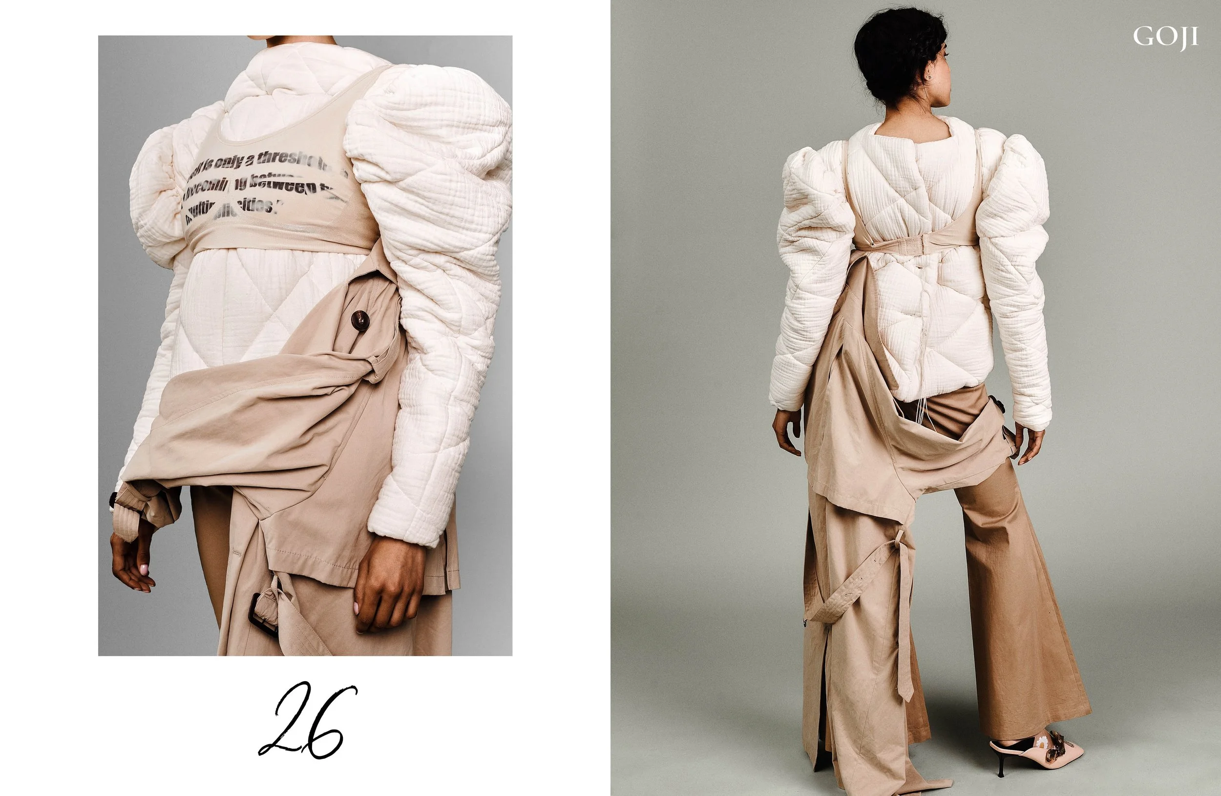 A fashion model wearing layered beige and white clothing, including a quilted white puff-sleeve jacket, beige skirt, and beige sheet wrapped around the waist. The left side shows a close-up of the upper body with the number 26 at the bottom, and the 