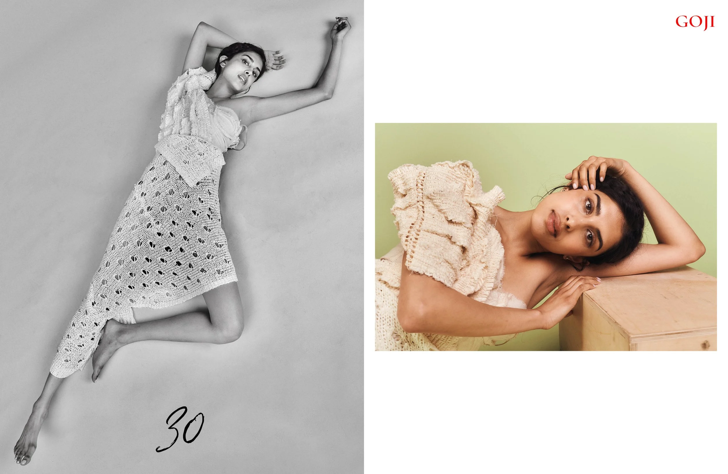 Photograph of a woman lying on her back on the floor, wearing a crocheted dress, with her left arm bent behind her head and her right arm resting on the floor. She has a contemplative expression and is looking upwards. To the right, there is a color 