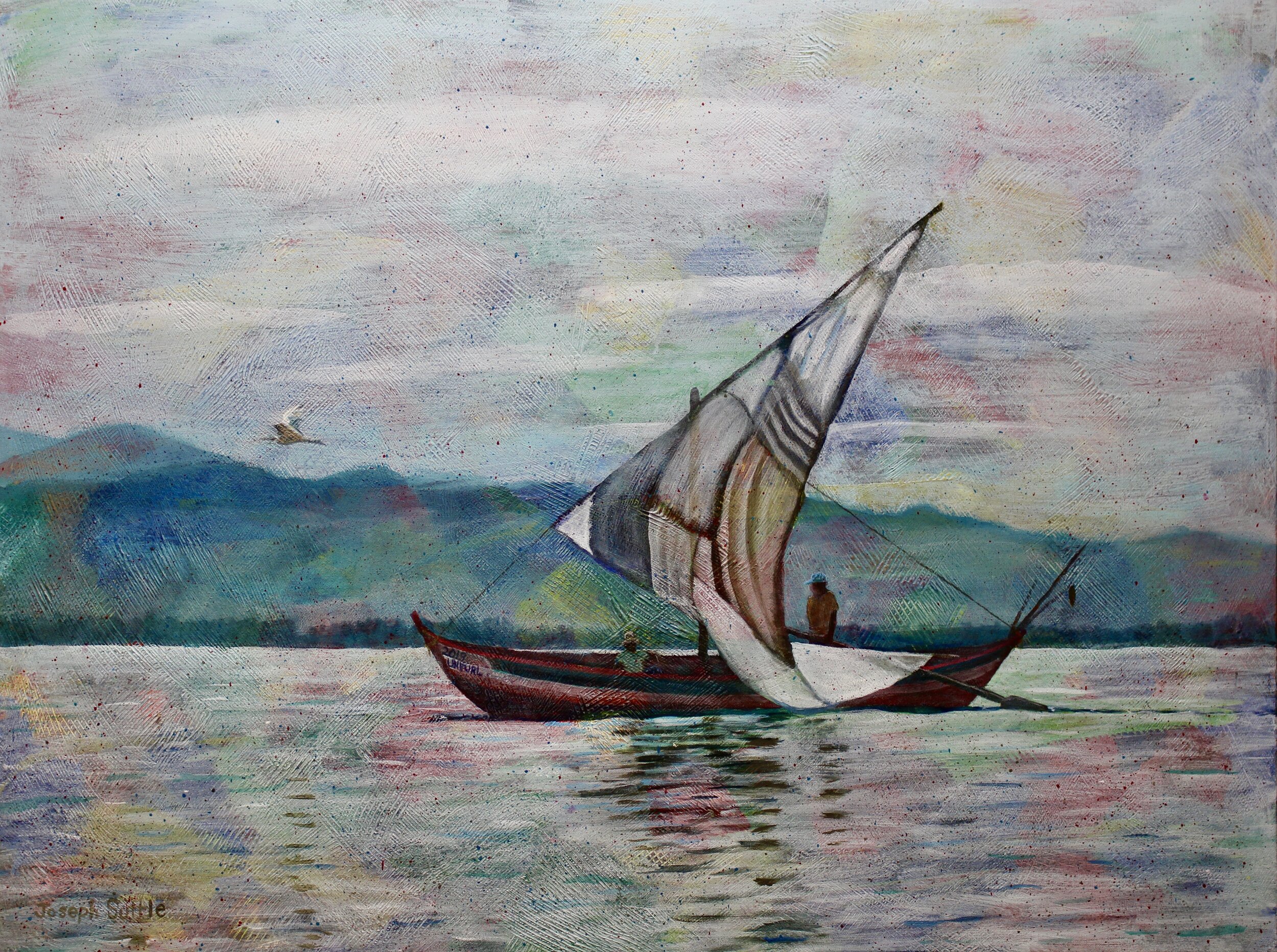 This original acrylic painting by Joseph Suttle show a fishing boat sailing along on Lake Victoria Kenya.