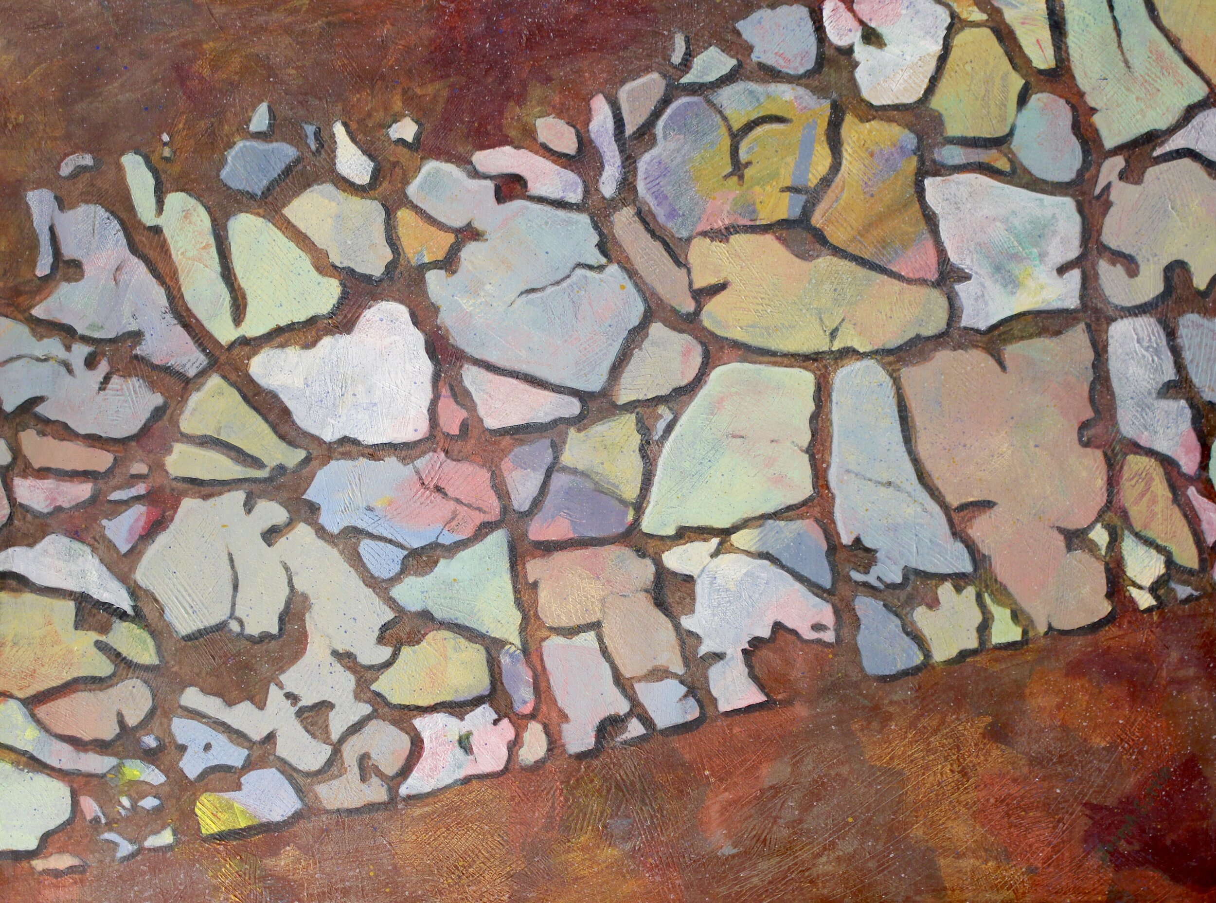 This original painting by Joseph Suttle is an abstract. It is colorful and the design is inspired by an old cracked road marker.