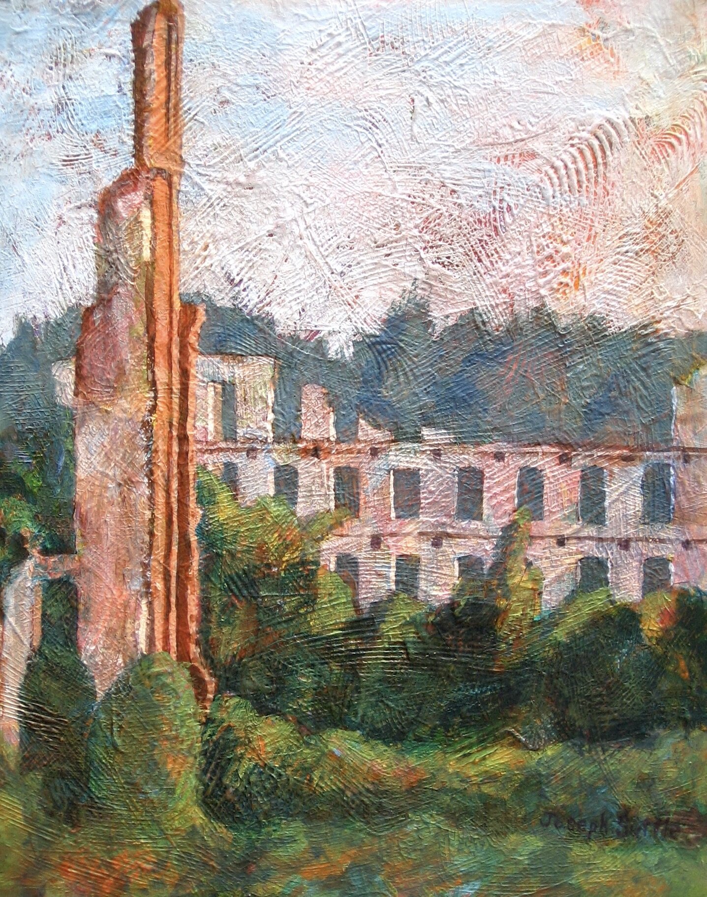 This is a painting of a the ruins an old textile mill in Rockingham NC. It is an original acrylic painting by Joseph Suttle.