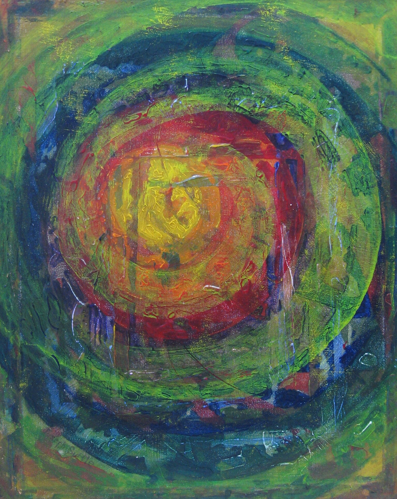 Joseph Suttle's of a spiraling colors of yellow, orange, red, blue and green. It has a lot of texture and a faint hand print of the artist in the center of the spial