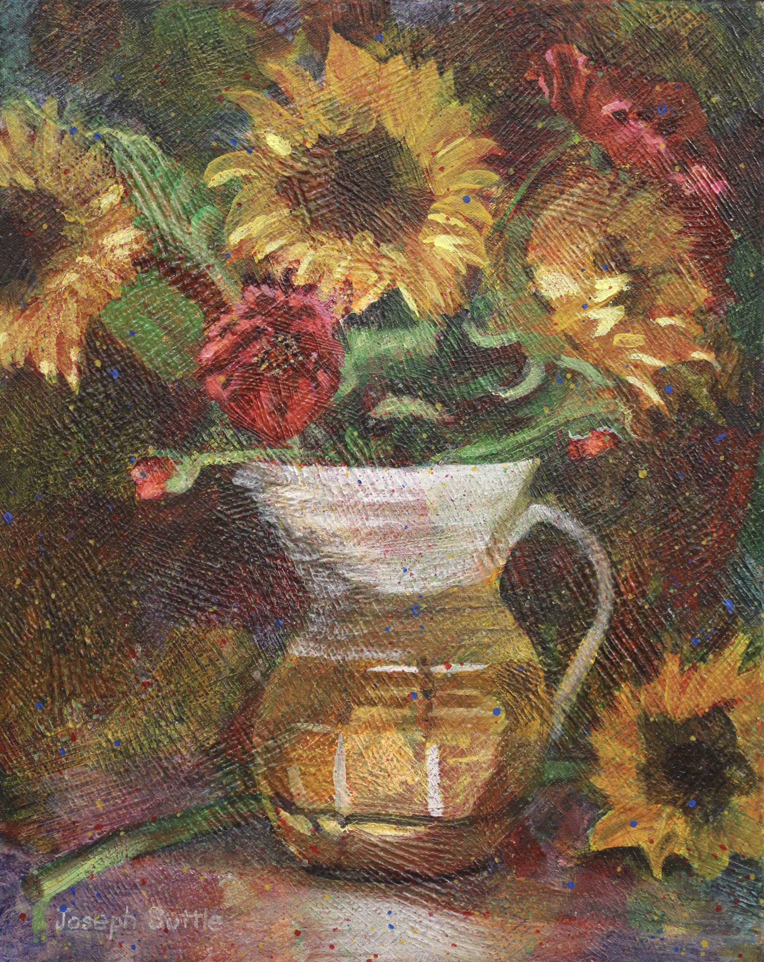 This original painting by Joseph Suttle is a still life of sunflowers and poppies in a ceramic vase with dramatic lighting from below with a dark background.