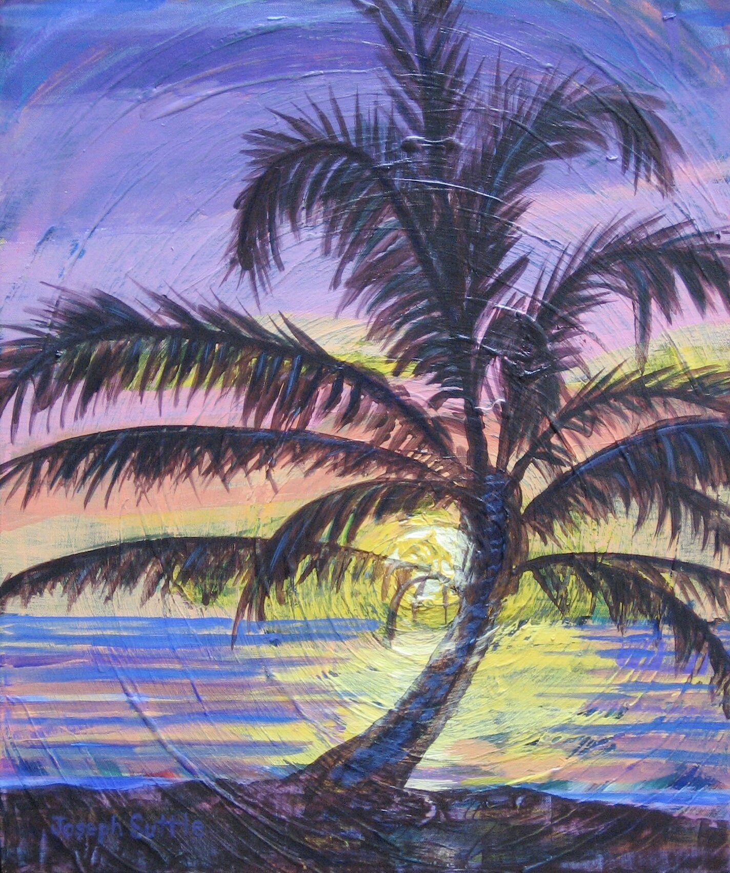 This original paintingof a palm tree with a sunset by Joseph Suttle is painted over a colorful textured spiral.