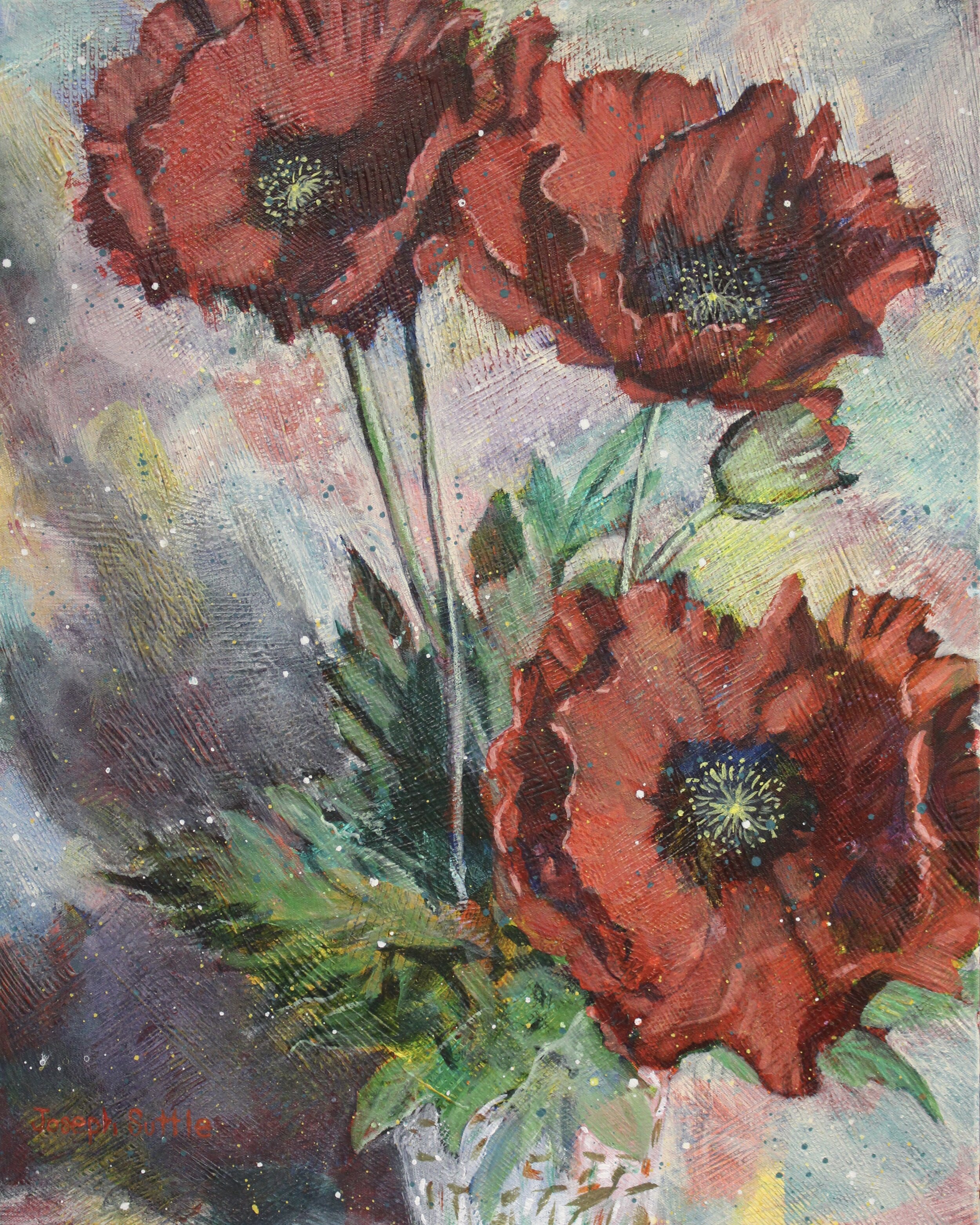 This original painting by Joseph Suttle depicts a close up view of poppy flowers from above