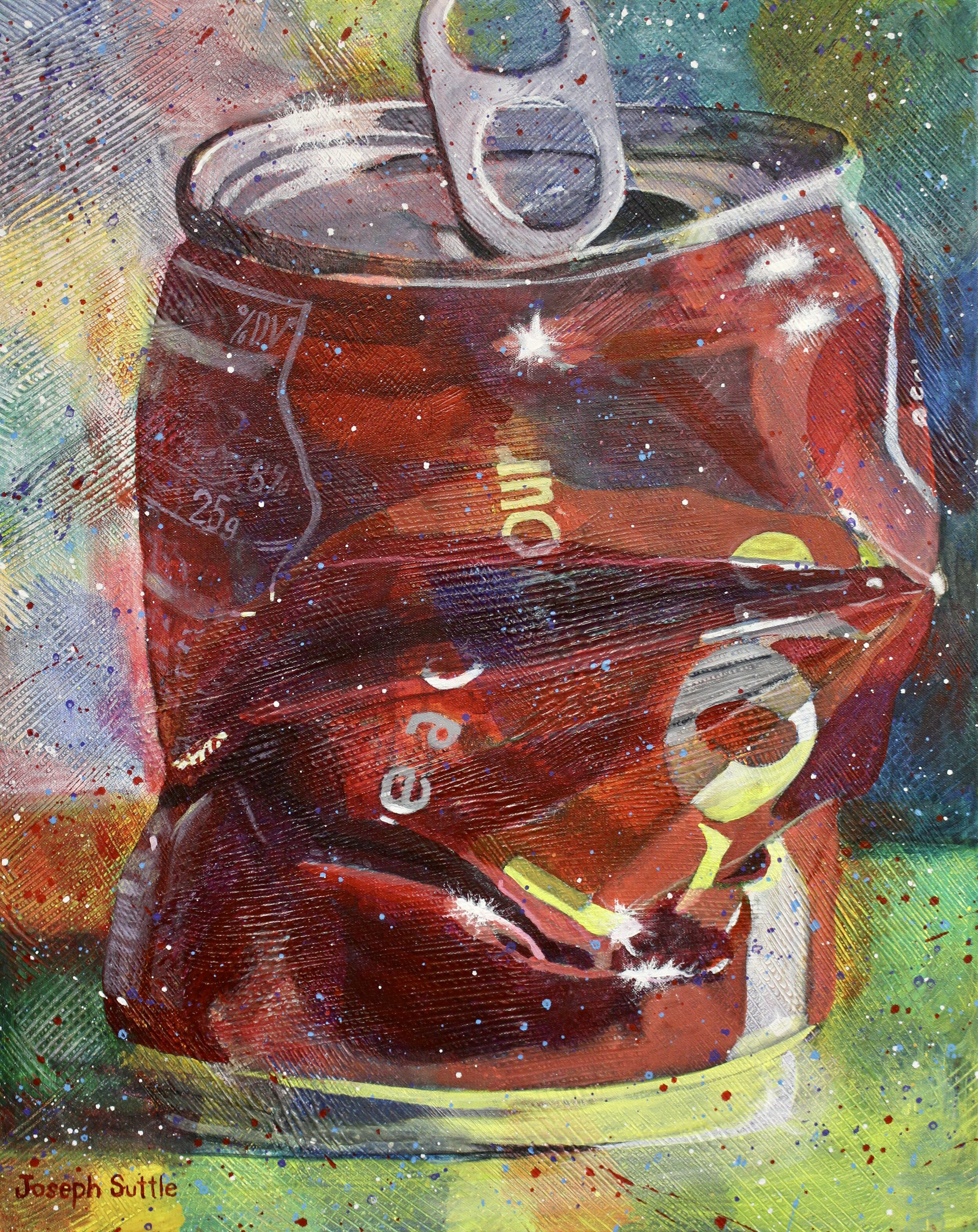 This original painting by Joseph Suttle show a partially crushed coke can. It is pop art with a lot of texture, color, and splatter. It is called Smash Pop.
