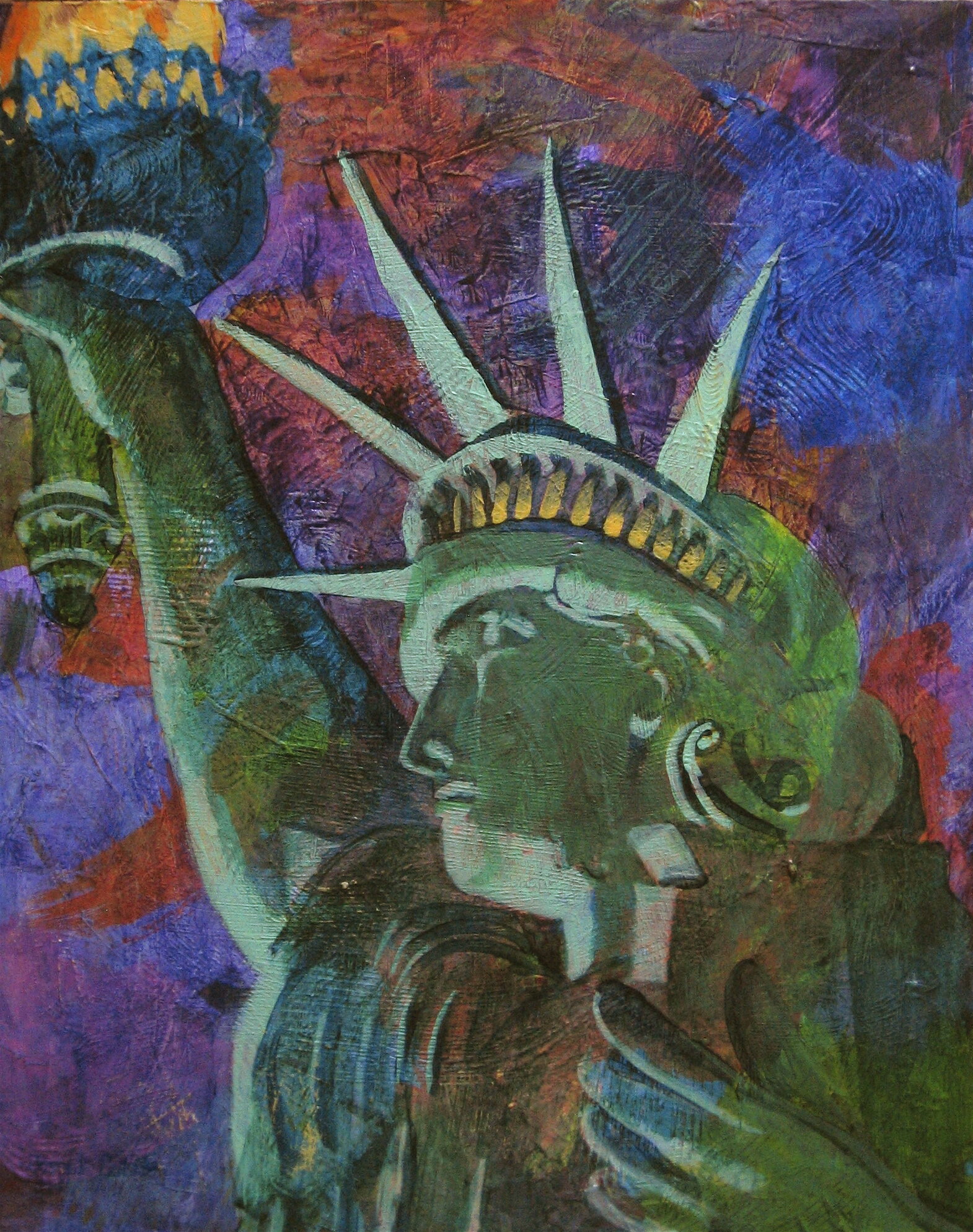 This painting by Joseph Suttle depicts the Statue of Liberty at twilight.