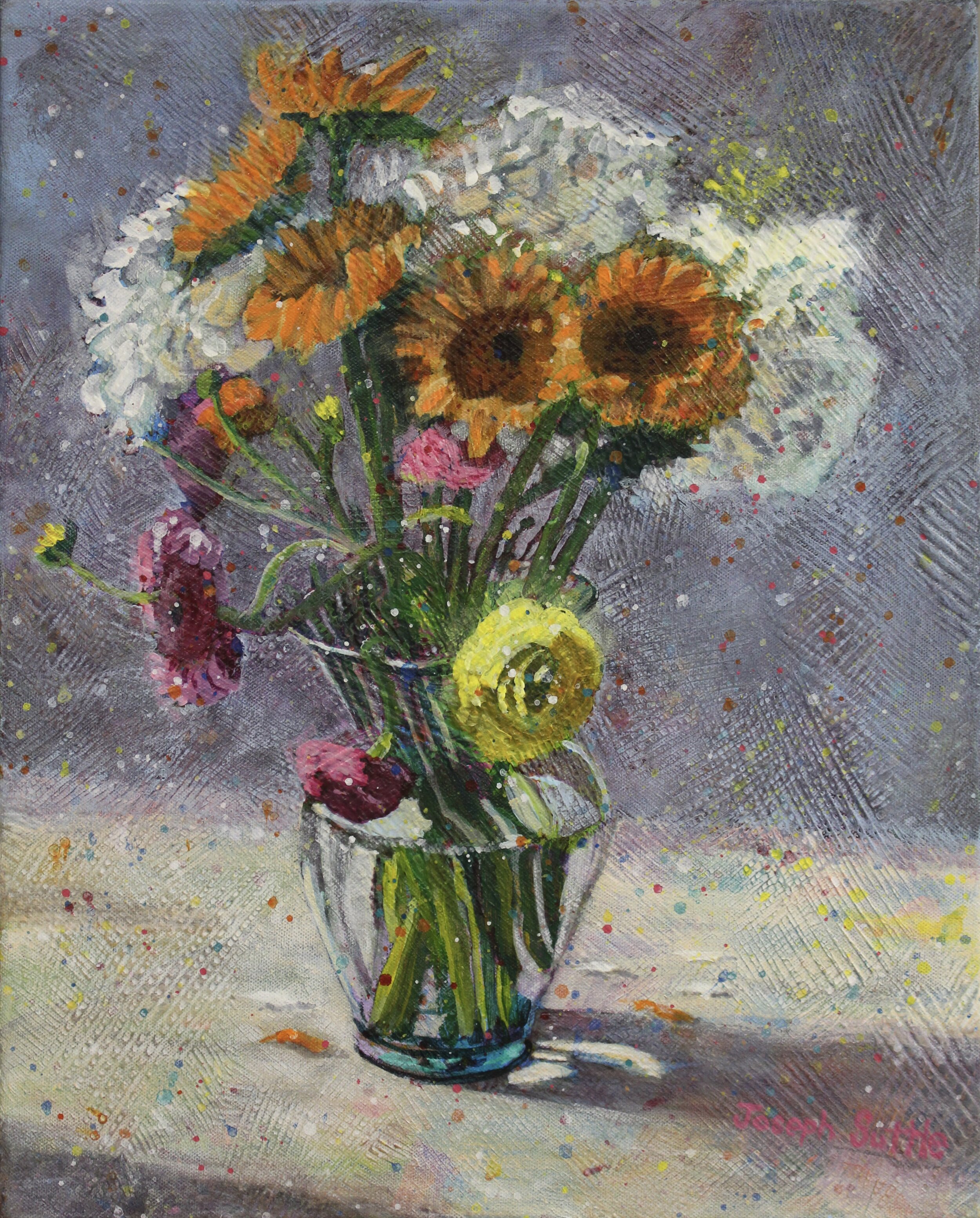 This original still life painting by Joseph Suttle depicts a bouquet of flowers in a glass vase lit up by sunlight coming from the left side.
