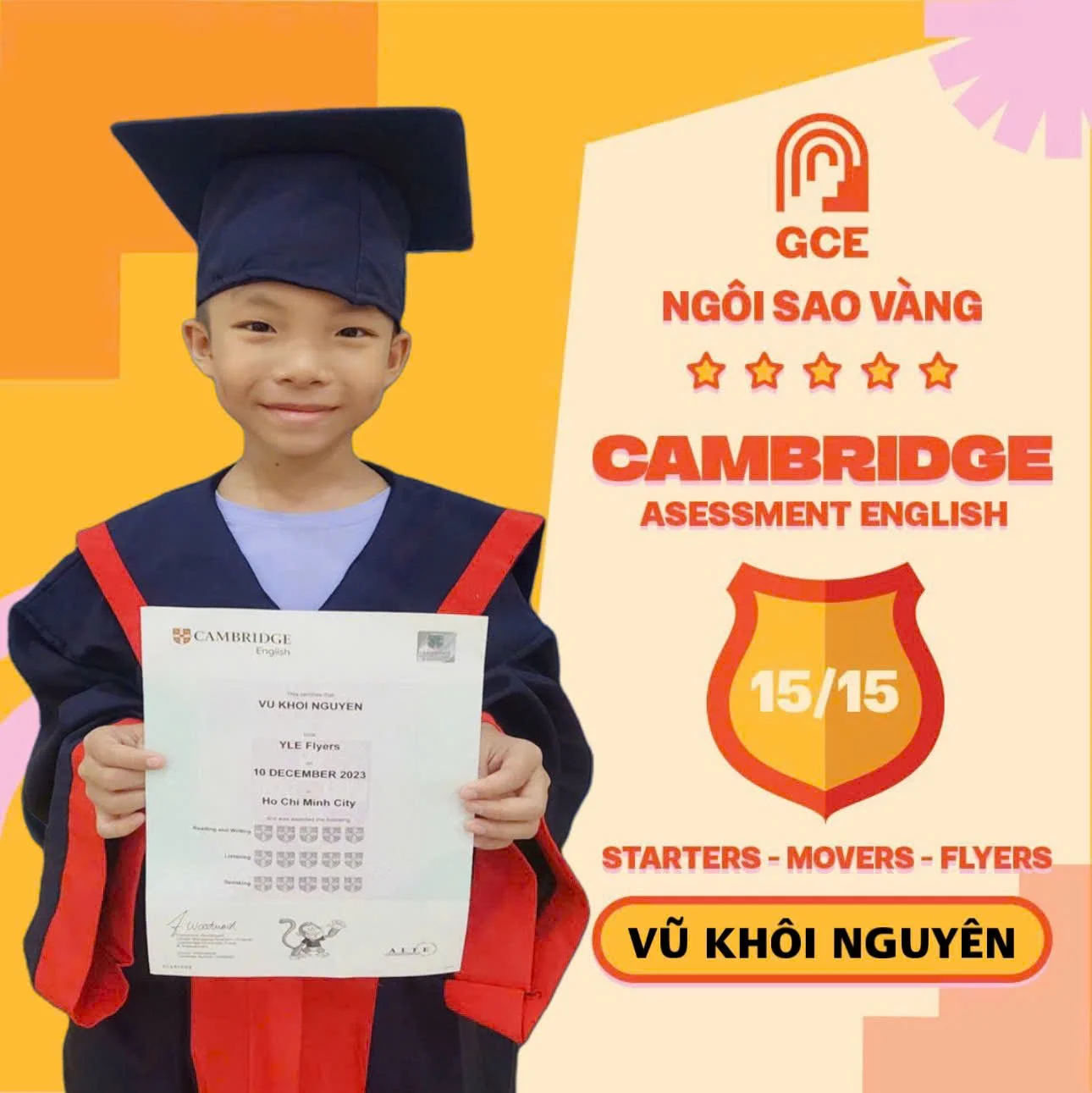 A young boy dressed in a graduation gown and cap, holding a certificate, standing in front of a colorful background with text about an English assessment. The background has orange, pink, and yellow sections with logos and star ratings.