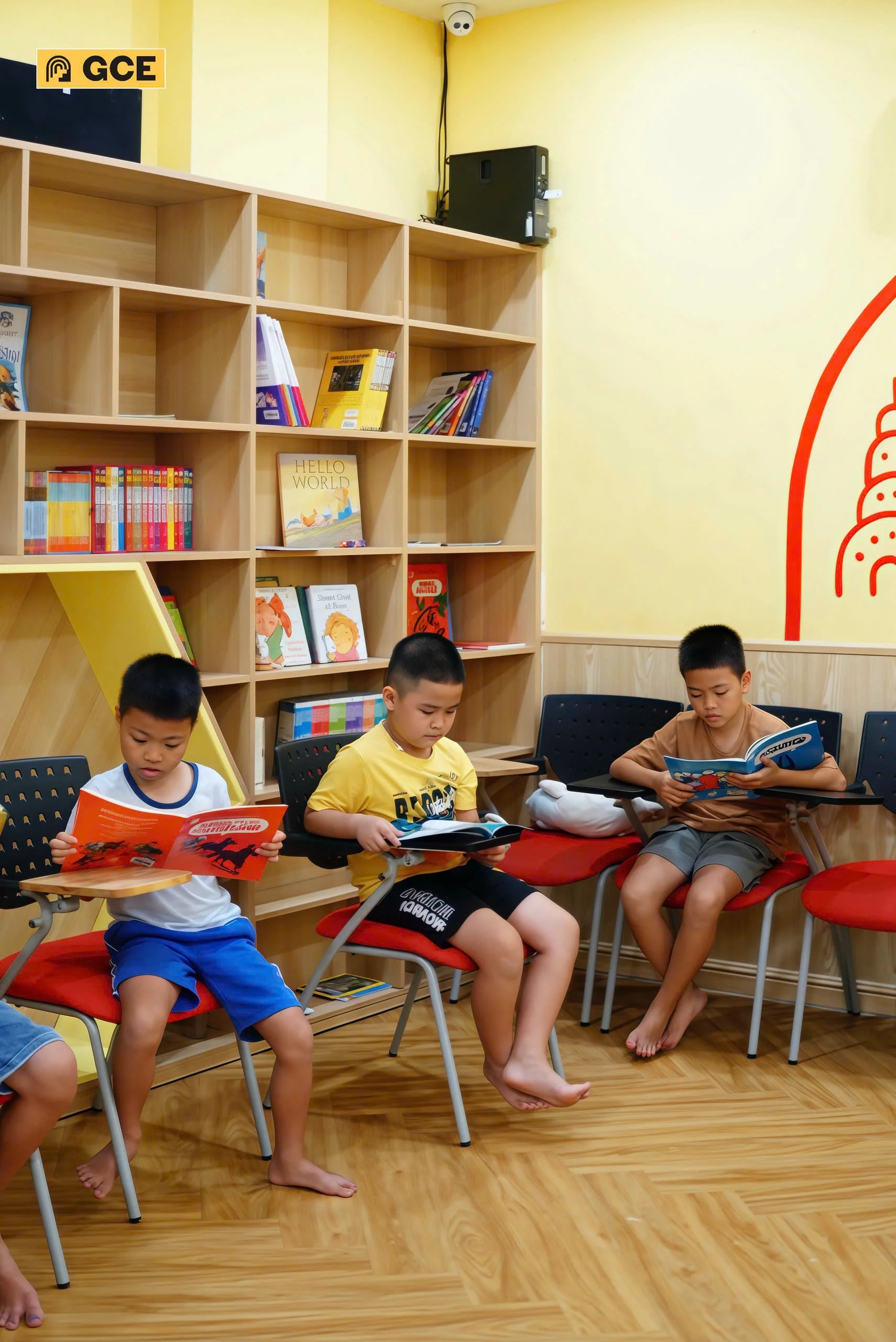 Three boys sitting in a classroom or library, each reading a book, with a wooden bookshelf filled with books behind them, and a wooden floor.